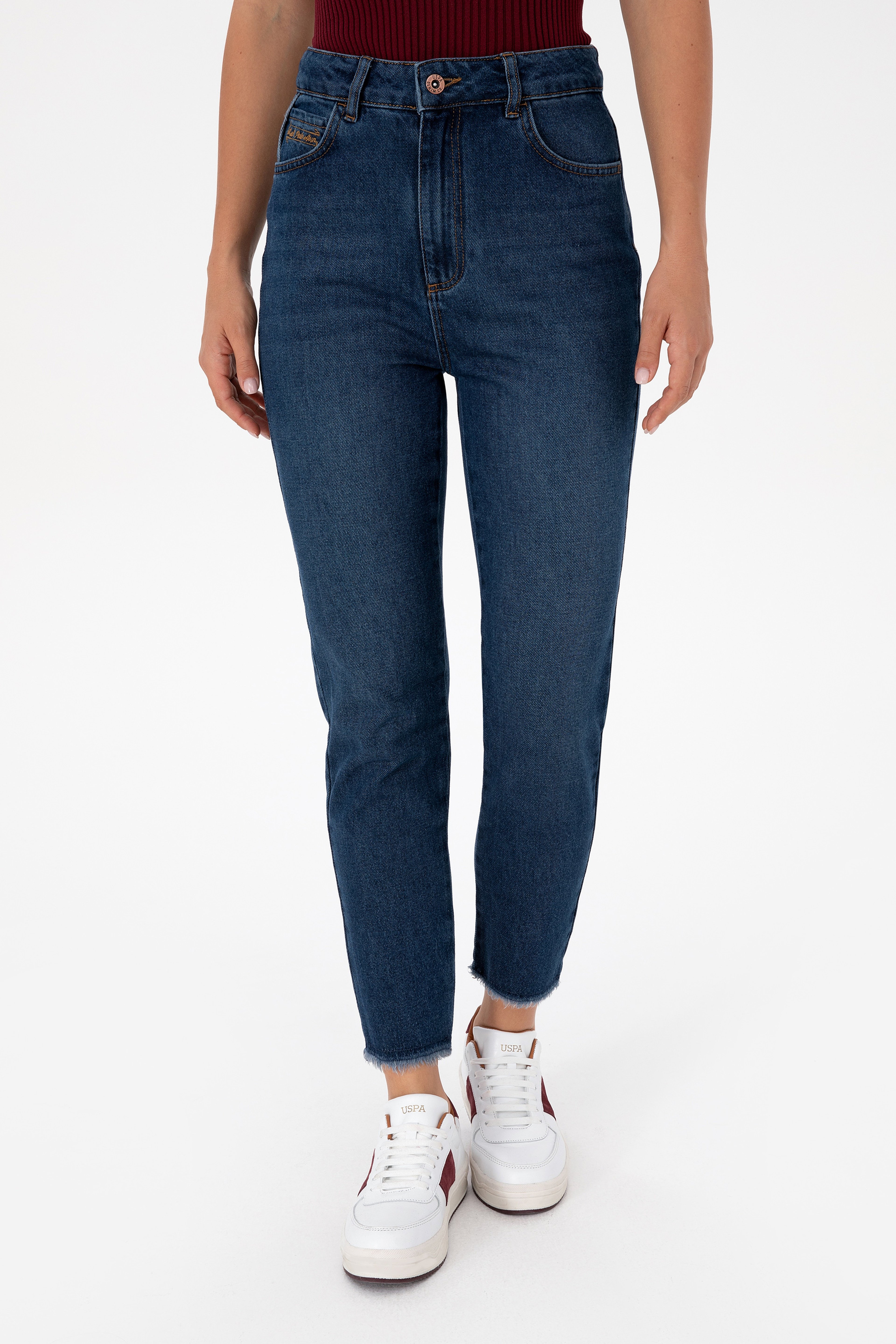Kadın Koyu Mavi Mom High Waist Fit Jean Pantolon - Image 2
