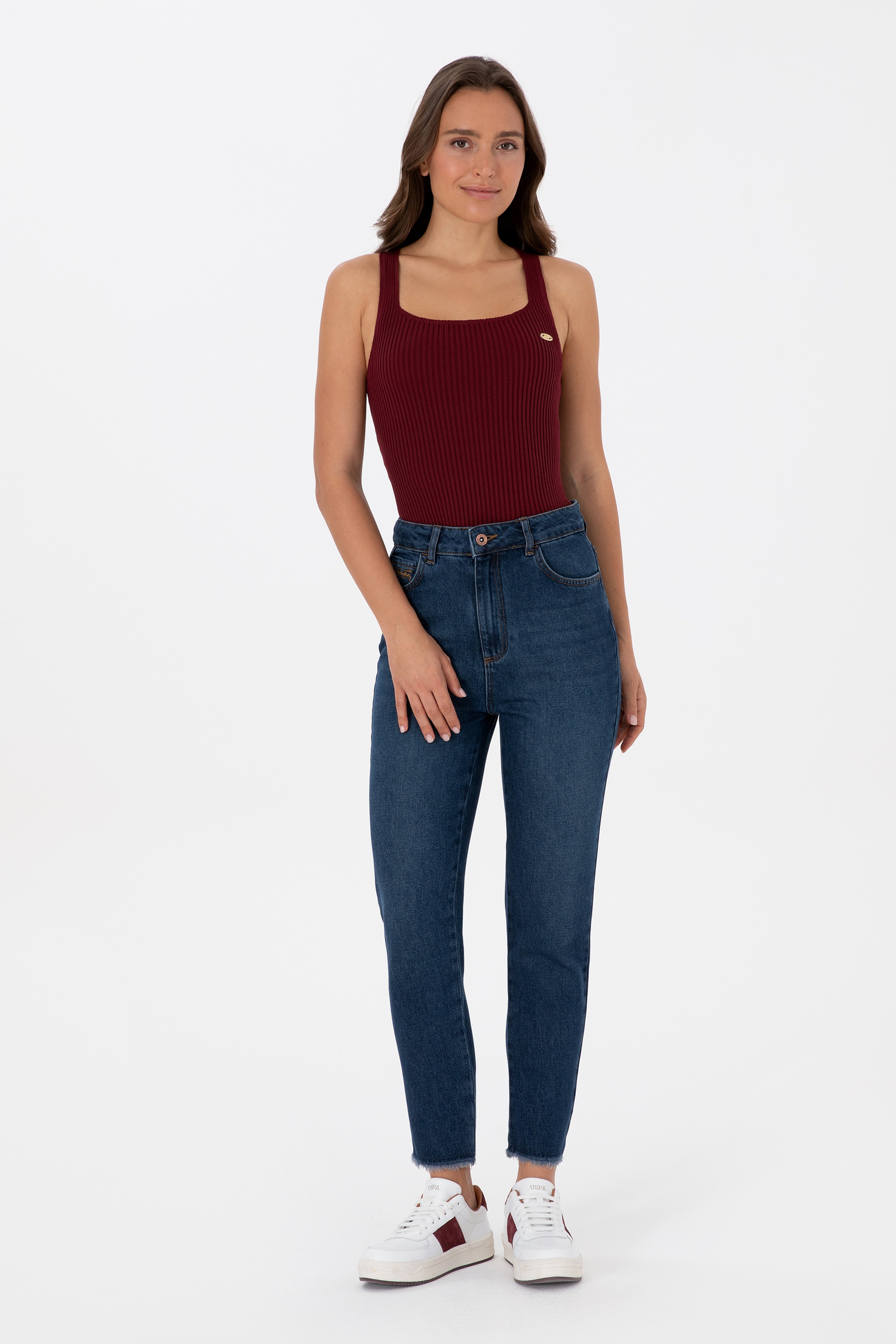 Kadın Koyu Mavi Mom High Waist Fit Jean Pantolon - Image 3