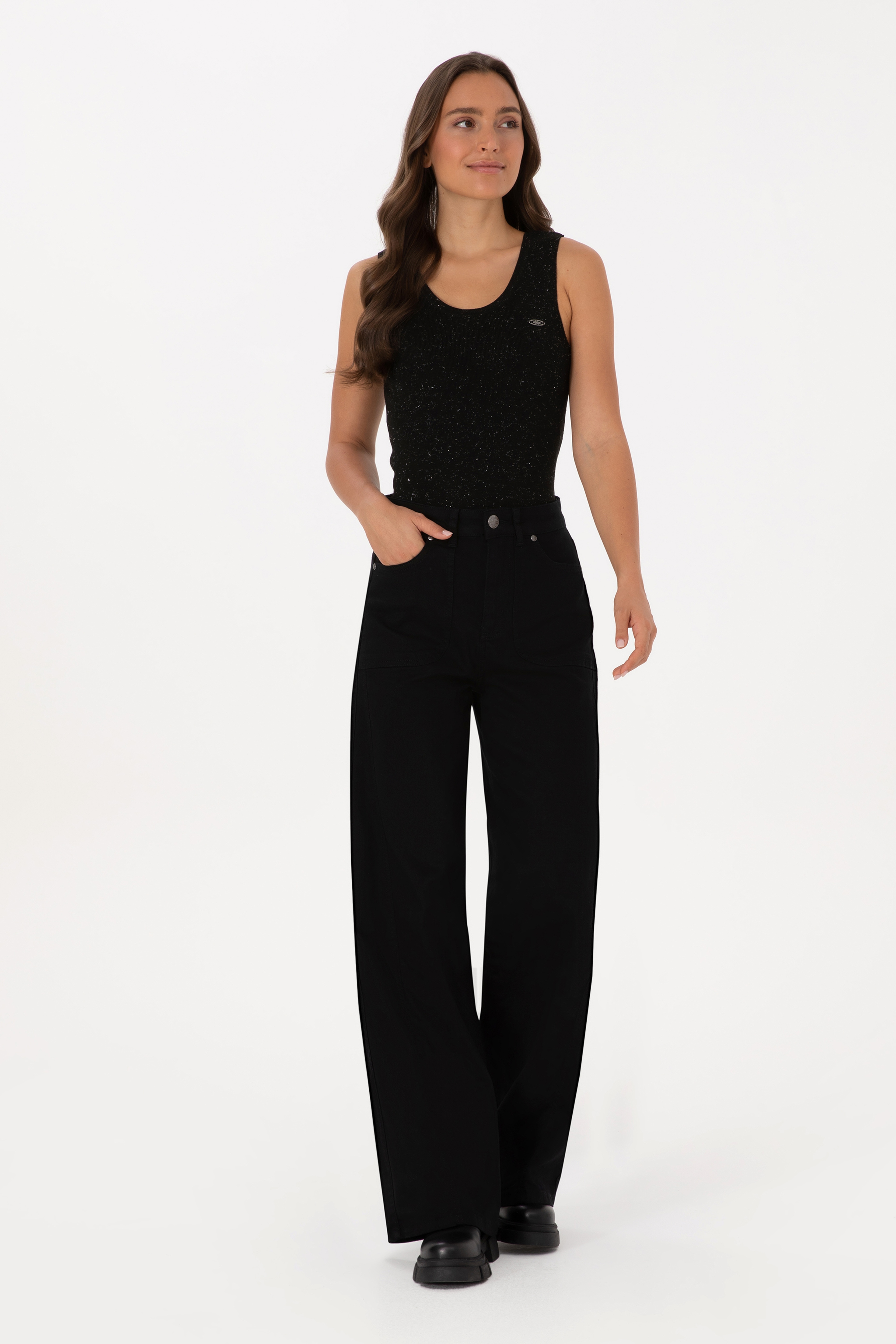 Kadın Siyah Wıde Leg Flare Fit Kanvas Pantolon - Image 3