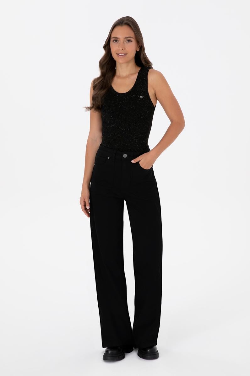 Kadın Siyah Wıde Leg Flare Fit Kanvas Pantolon