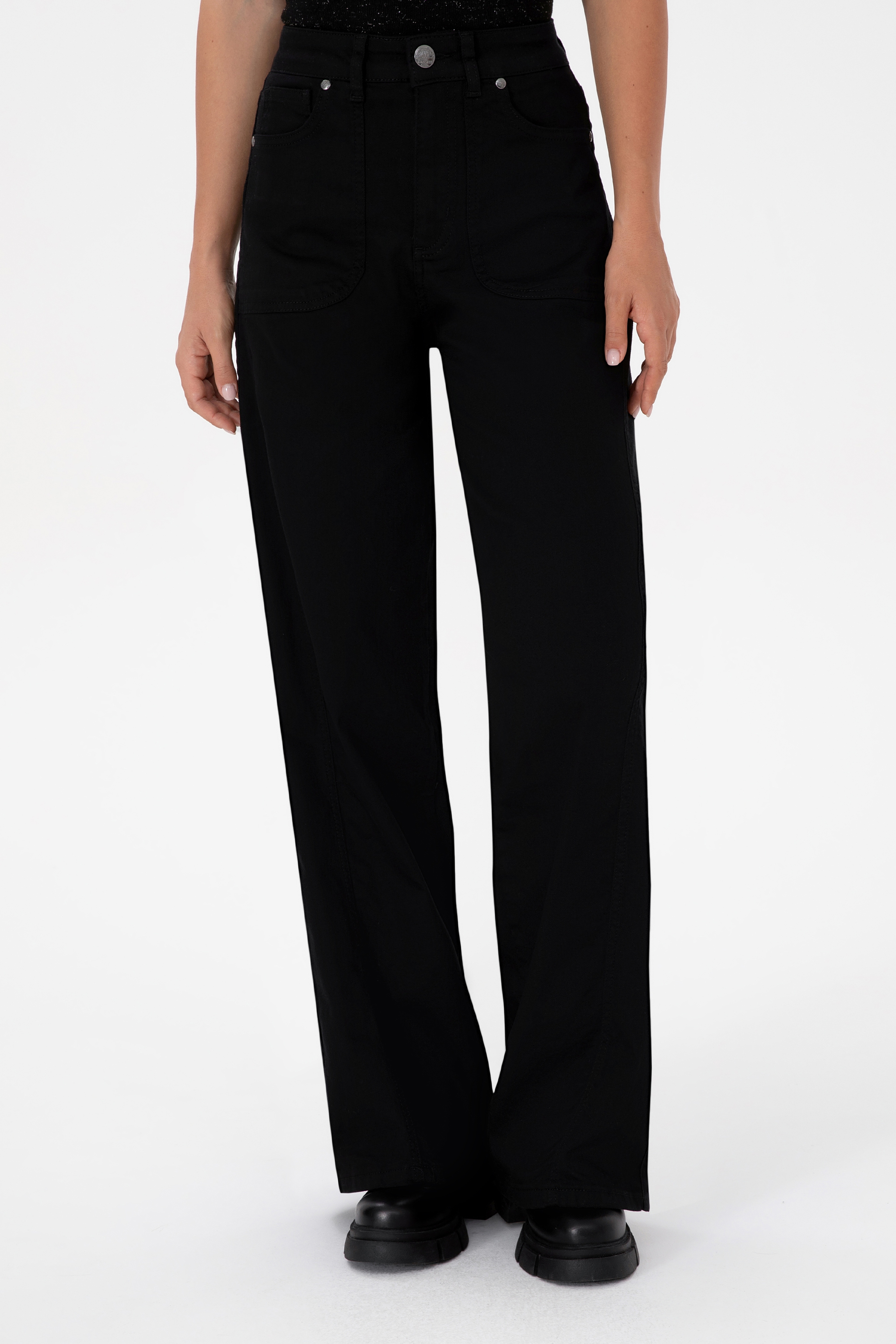 Kadın Siyah Wıde Leg Flare Fit Kanvas Pantolon - Image 2