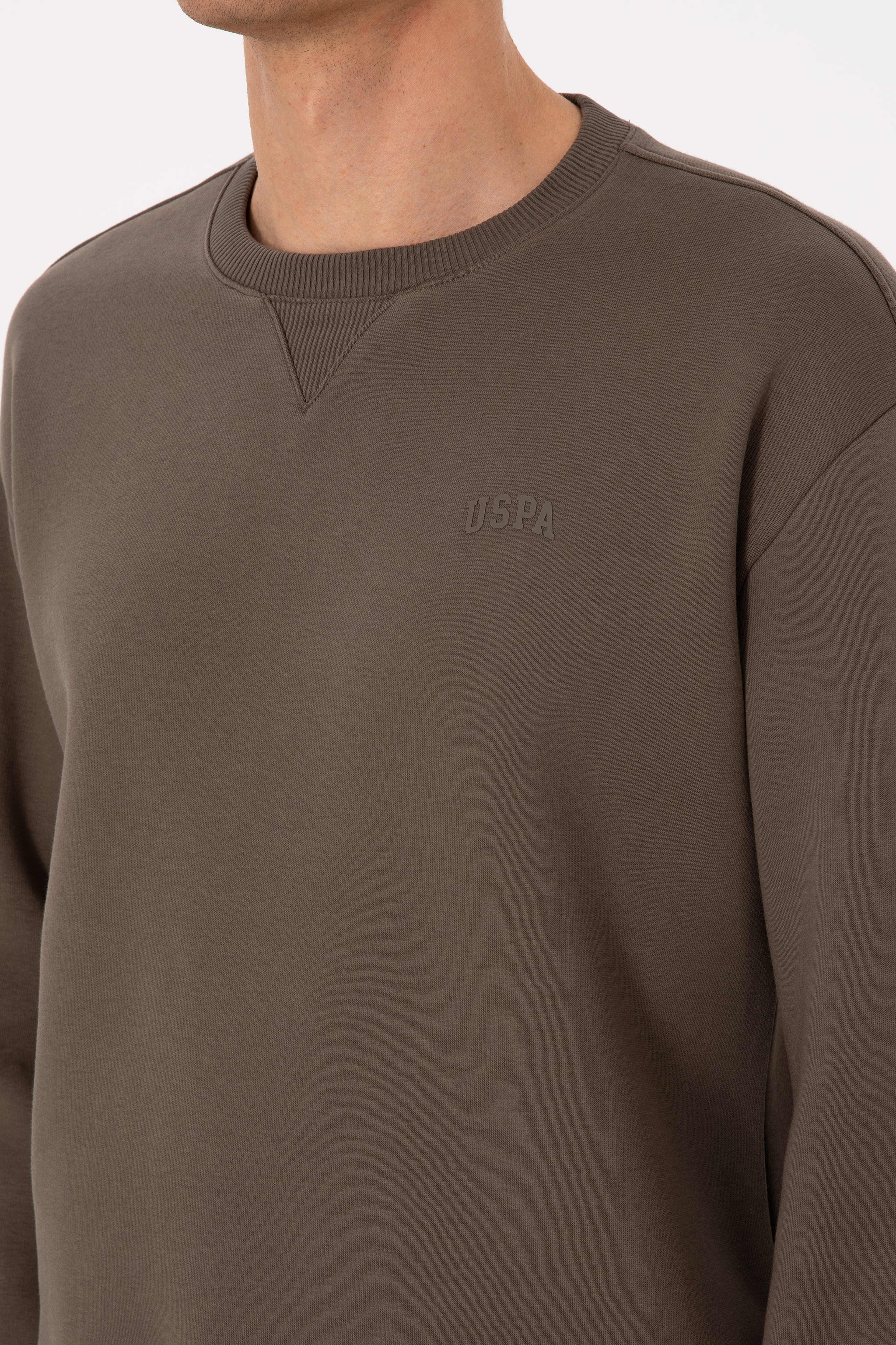 Erkek Comfort Fit Bisiklet Yaka Şardonlu Vizon Basic Sweatshirt - Image 7