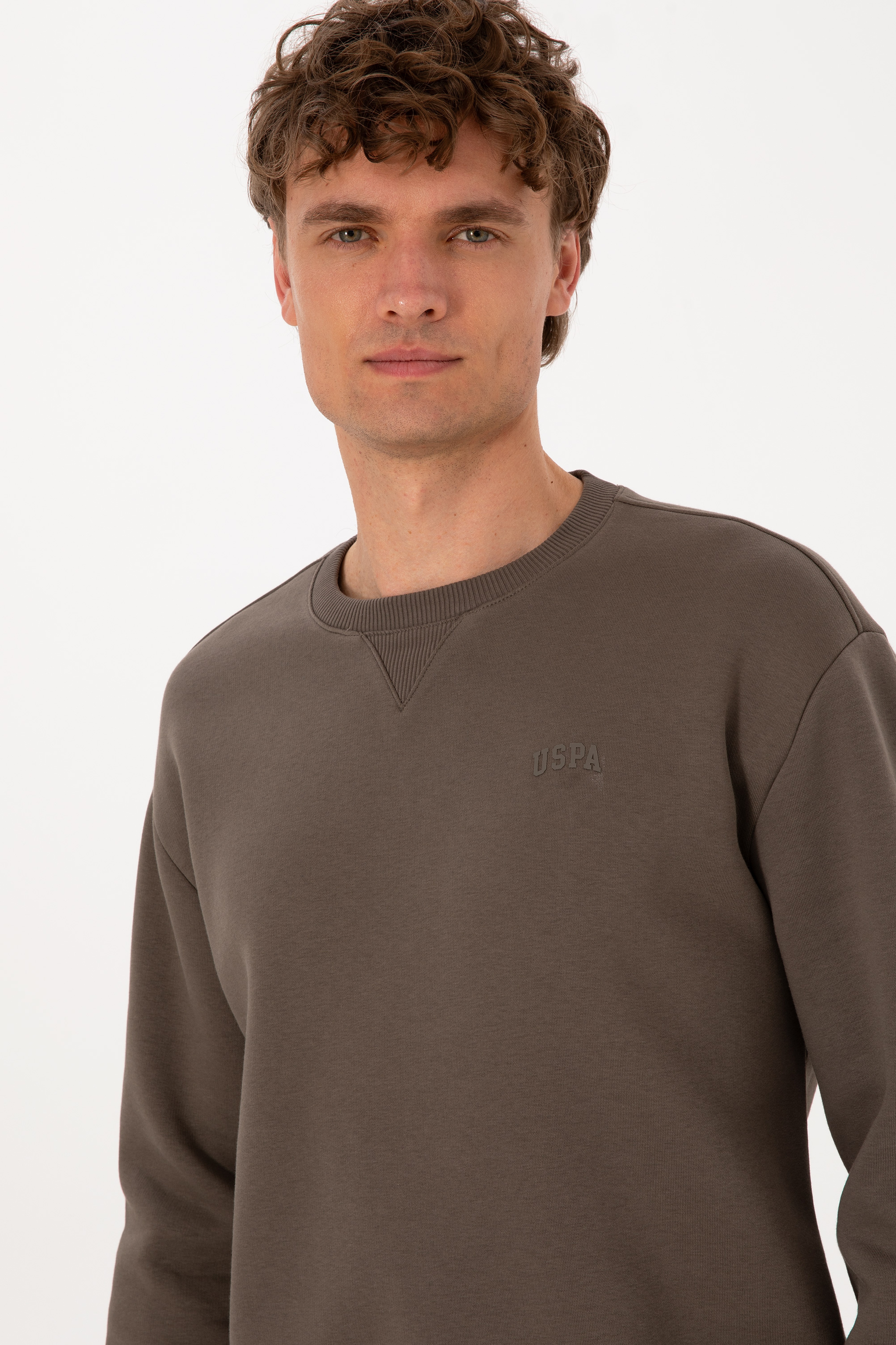 Erkek Comfort Fit Bisiklet Yaka Şardonlu Vizon Basic Sweatshirt - Image 2