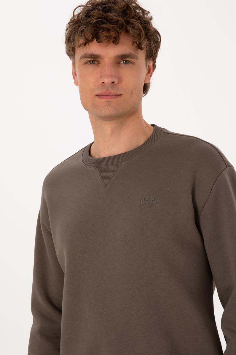 Erkek Comfort Fit Bisiklet Yaka Şardonlu Vizon Basic Sweatshirt