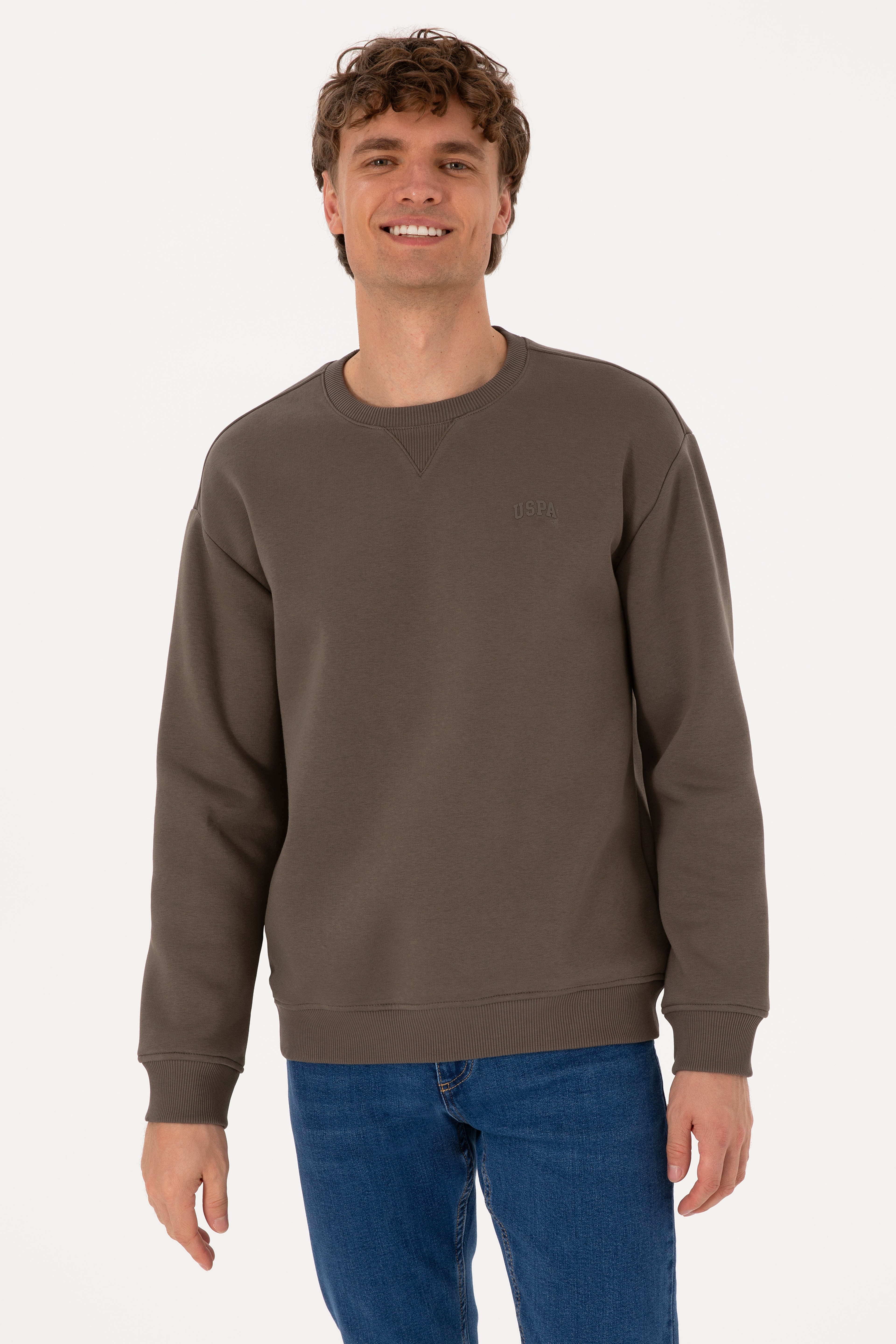 Erkek Comfort Fit Bisiklet Yaka Şardonlu Vizon Basic Sweatshirt - Image 3