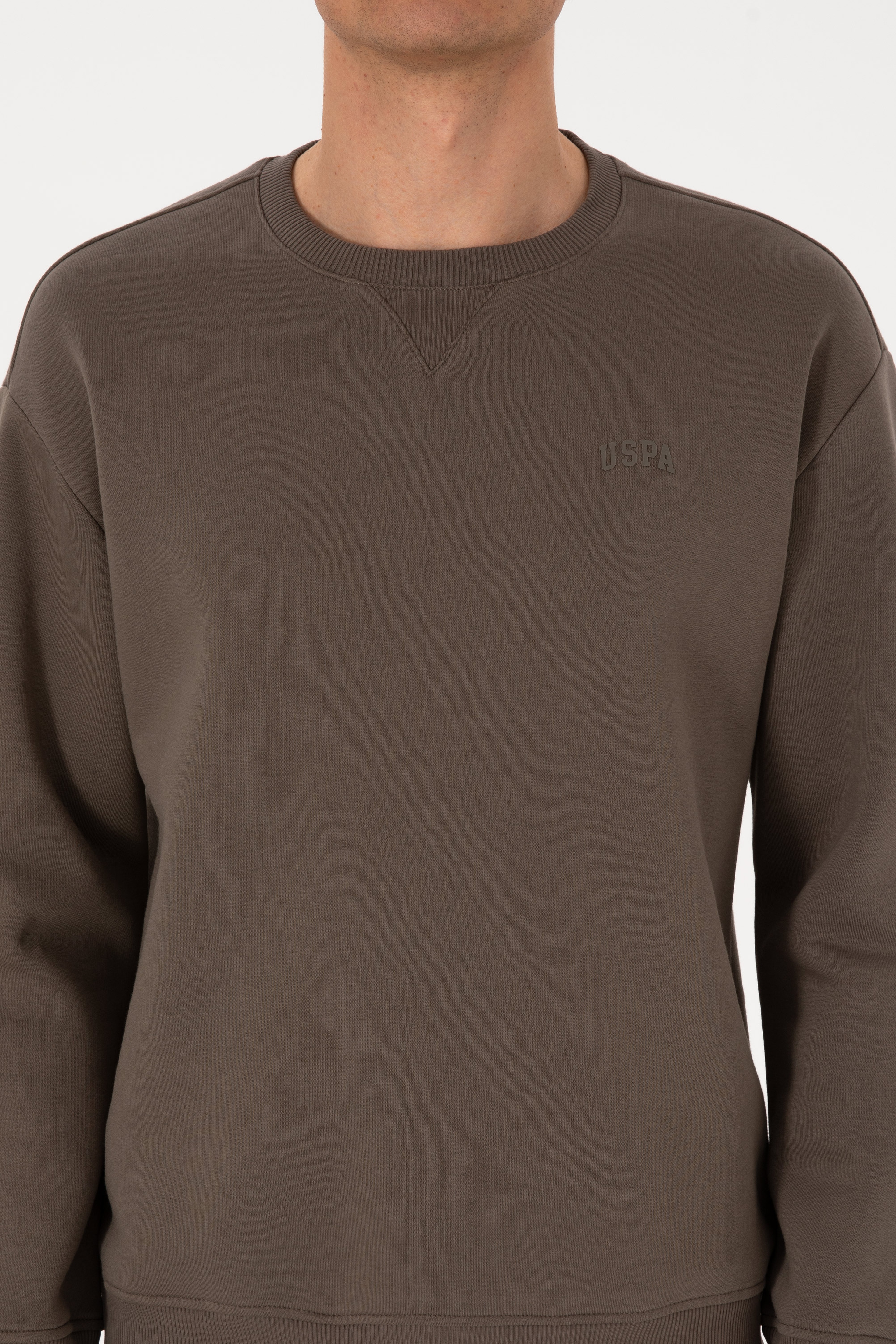 Erkek Comfort Fit Bisiklet Yaka Şardonlu Vizon Basic Sweatshirt - Image 6