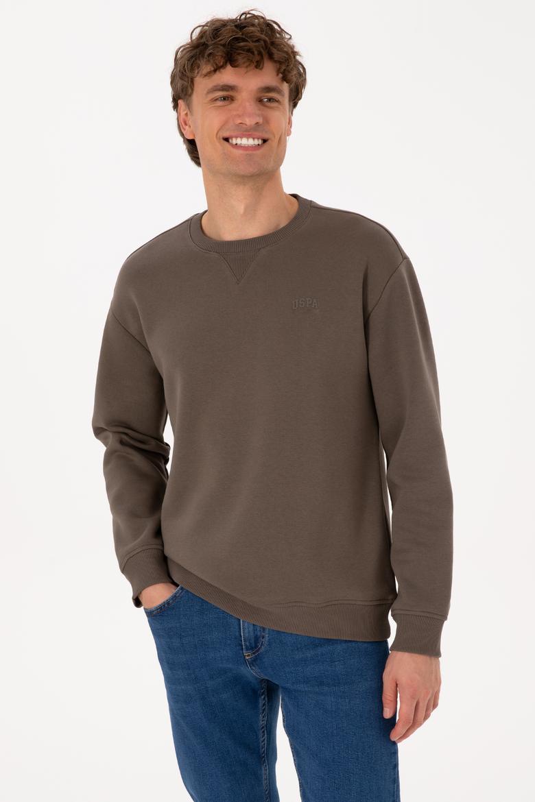 Erkek Comfort Fit Bisiklet Yaka Şardonlu Vizon Basic Sweatshirt