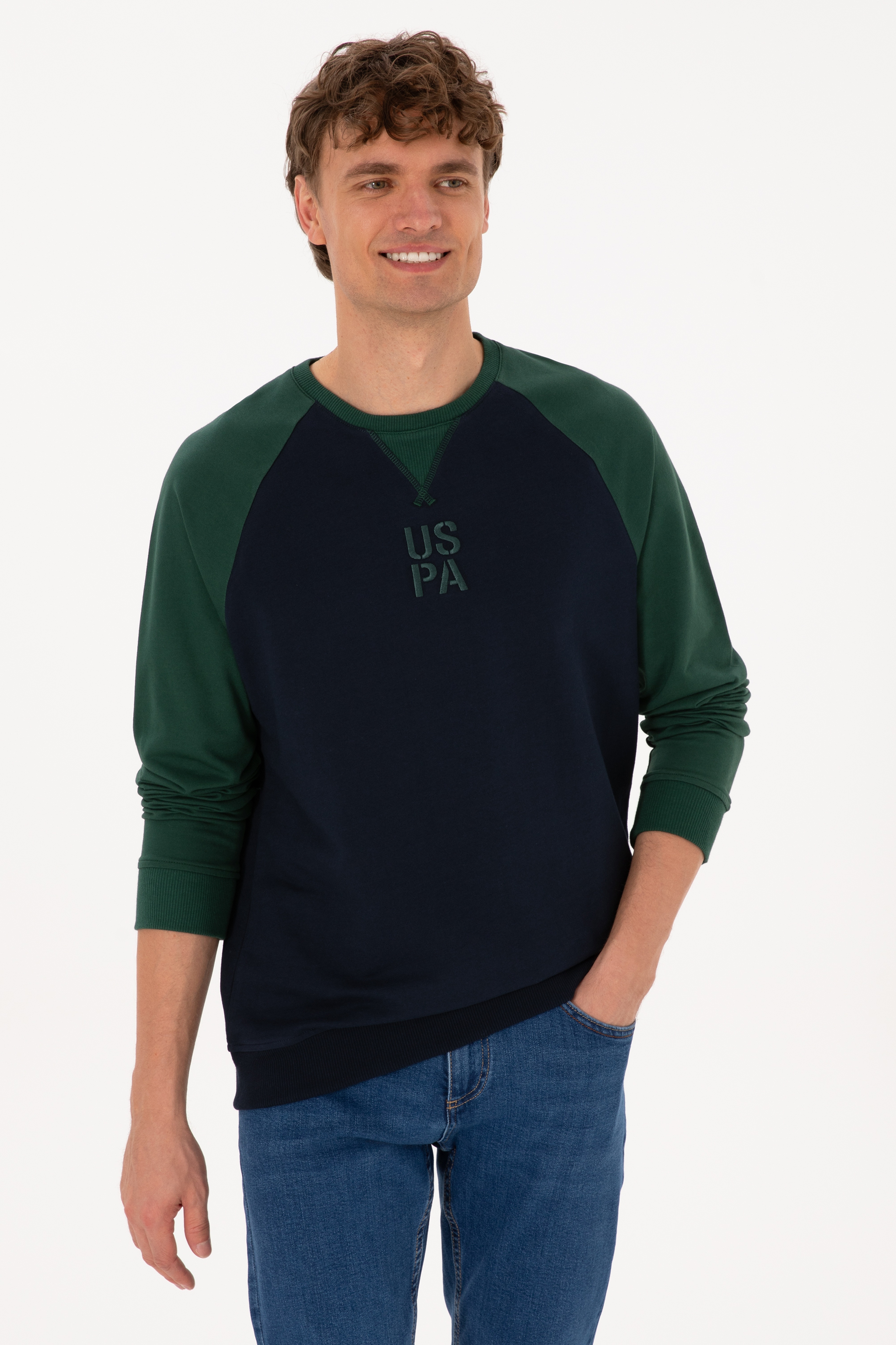 Erkek Bisiklet Yaka Regular Fit Koyu Yeşil İnce Sweatshirt - Image 3