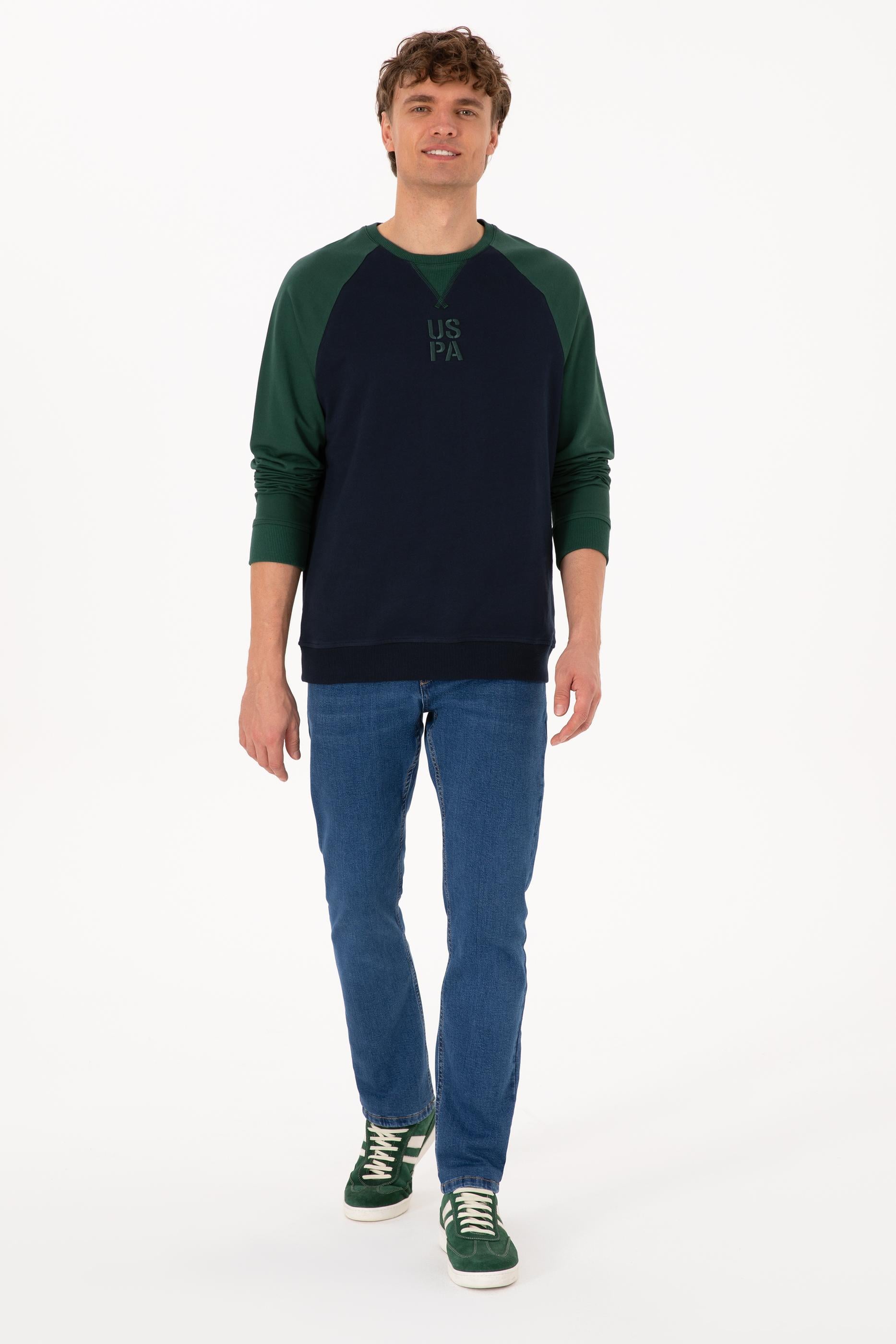 Erkek Bisiklet Yaka Regular Fit Koyu Yeşil İnce Sweatshirt