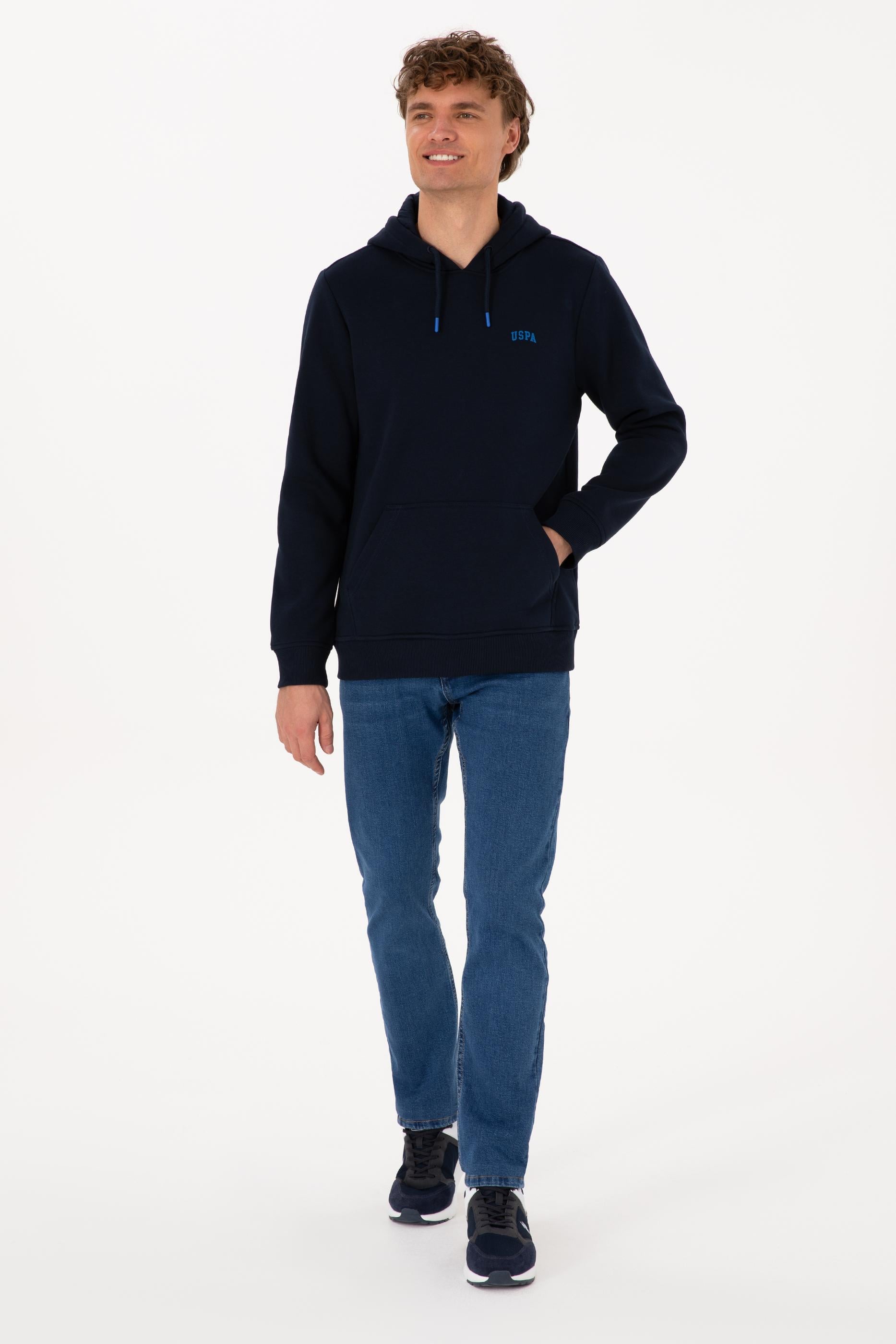 Erkek Regular Fit Kapüşonlu Şardonlu Lacivert Basic Sweatshirt