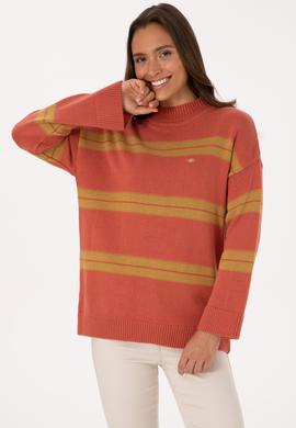 Kadın Balıkçı Yaka Çizgili Gül Kurusu Kazak - 50314666019