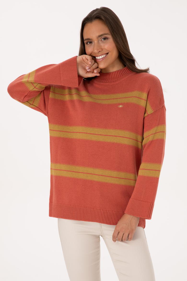 Kadın Balıkçı Yaka Çizgili Gül Kurusu Kazak