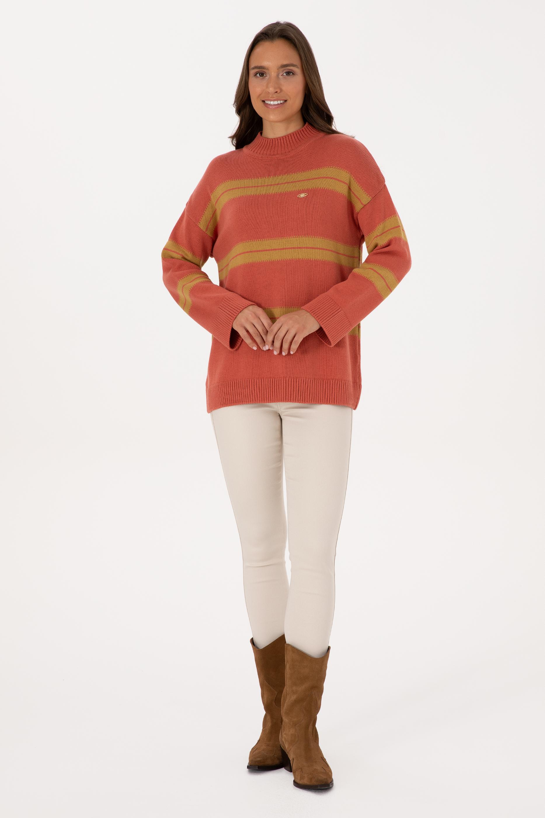 Kadın Balıkçı Yaka Çizgili Gül Kurusu Kazak