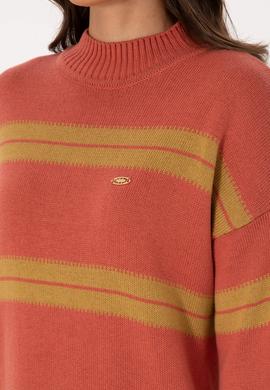 Kadın Balıkçı Yaka Çizgili Gül Kurusu Kazak - 50314666019