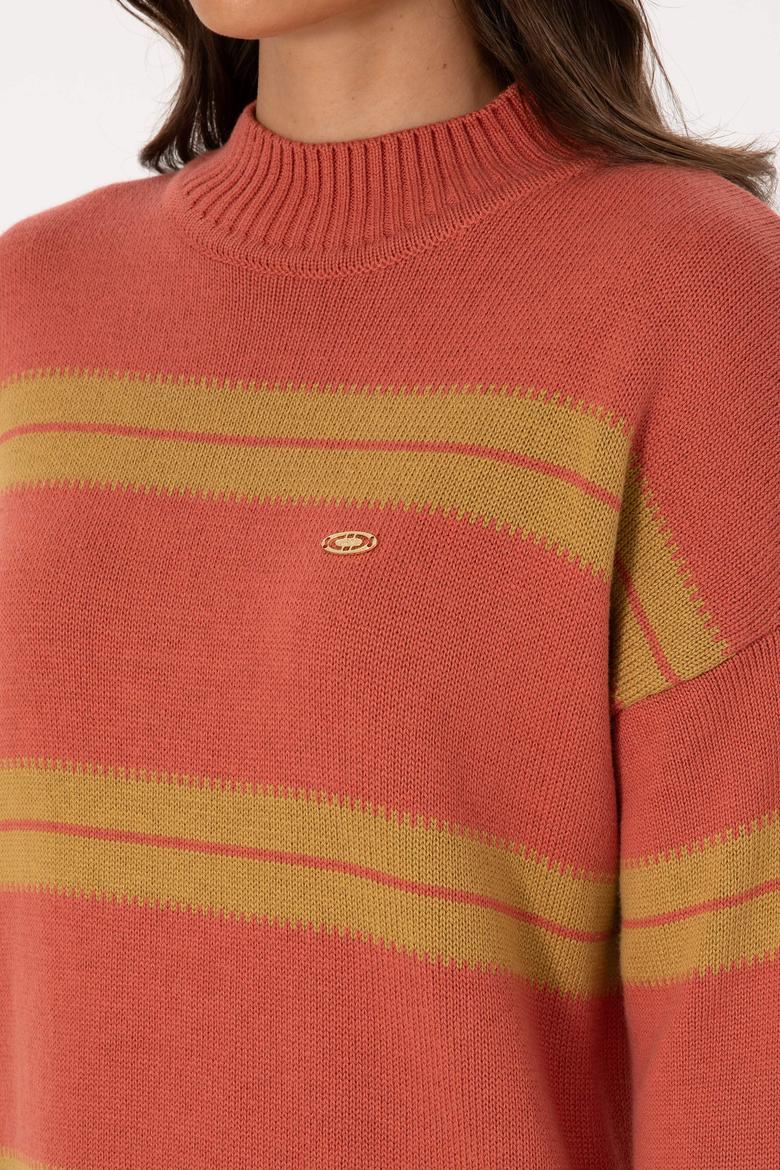 Kadın Balıkçı Yaka Çizgili Gül Kurusu Kazak - 50314666019