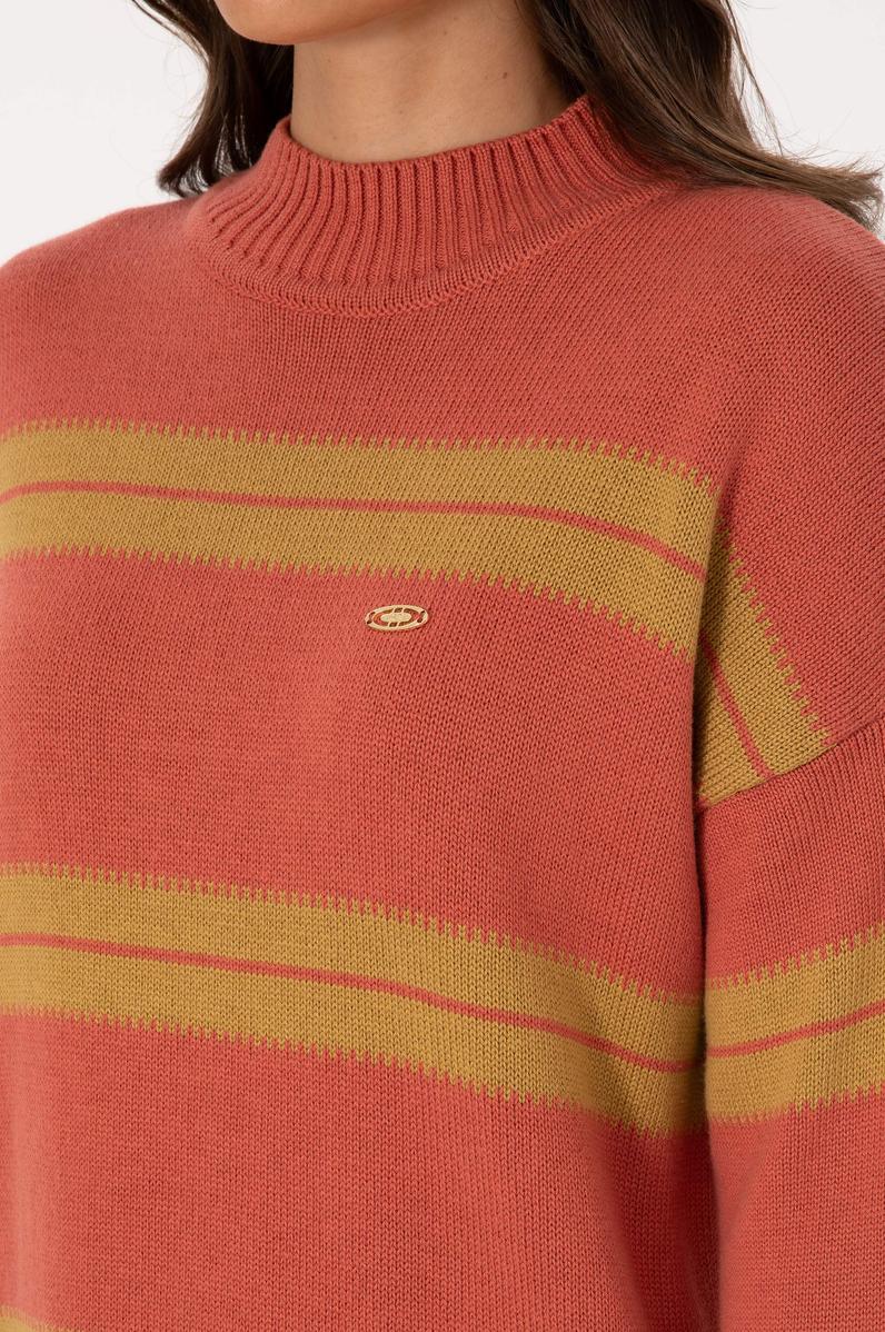 Kadın Balıkçı Yaka Çizgili Gül Kurusu Kazak