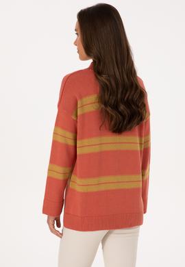 Kadın Balıkçı Yaka Çizgili Gül Kurusu Kazak - 50314666019