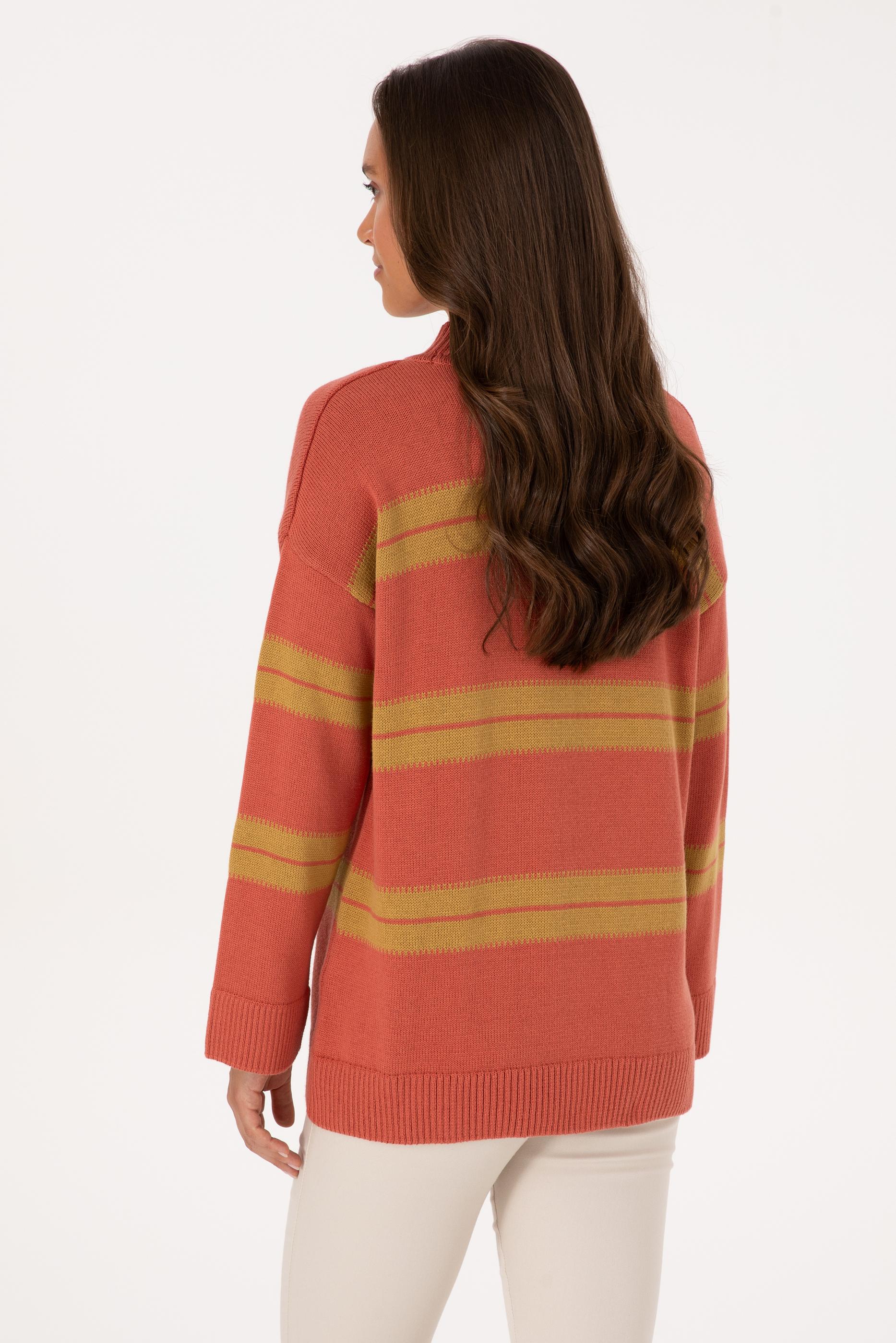 Kadın Balıkçı Yaka Çizgili Gül Kurusu Kazak