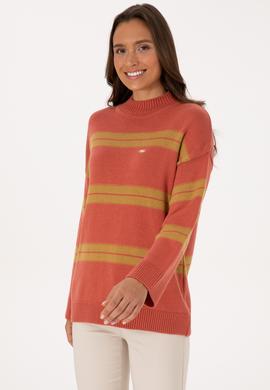 Kadın Balıkçı Yaka Çizgili Gül Kurusu Kazak - 50314666019