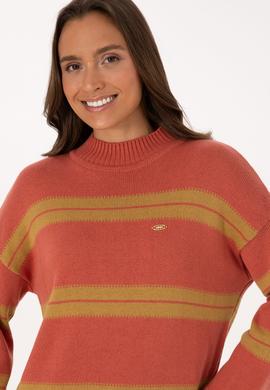 Kadın Balıkçı Yaka Çizgili Gül Kurusu Kazak - 50314666019