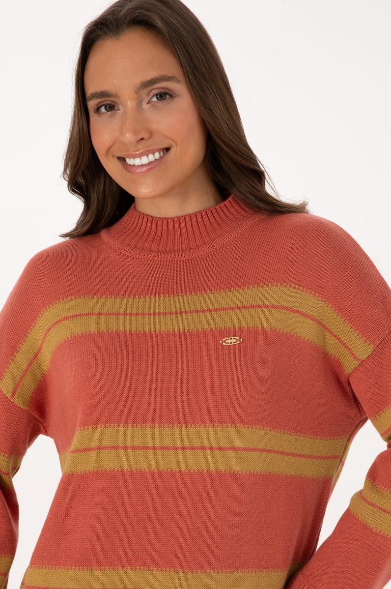 Kadın Balıkçı Yaka Çizgili Gül Kurusu Kazak