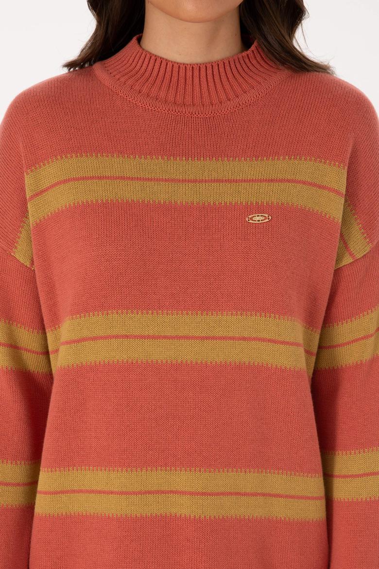 Kadın Balıkçı Yaka Çizgili Gül Kurusu Kazak - 50314666019