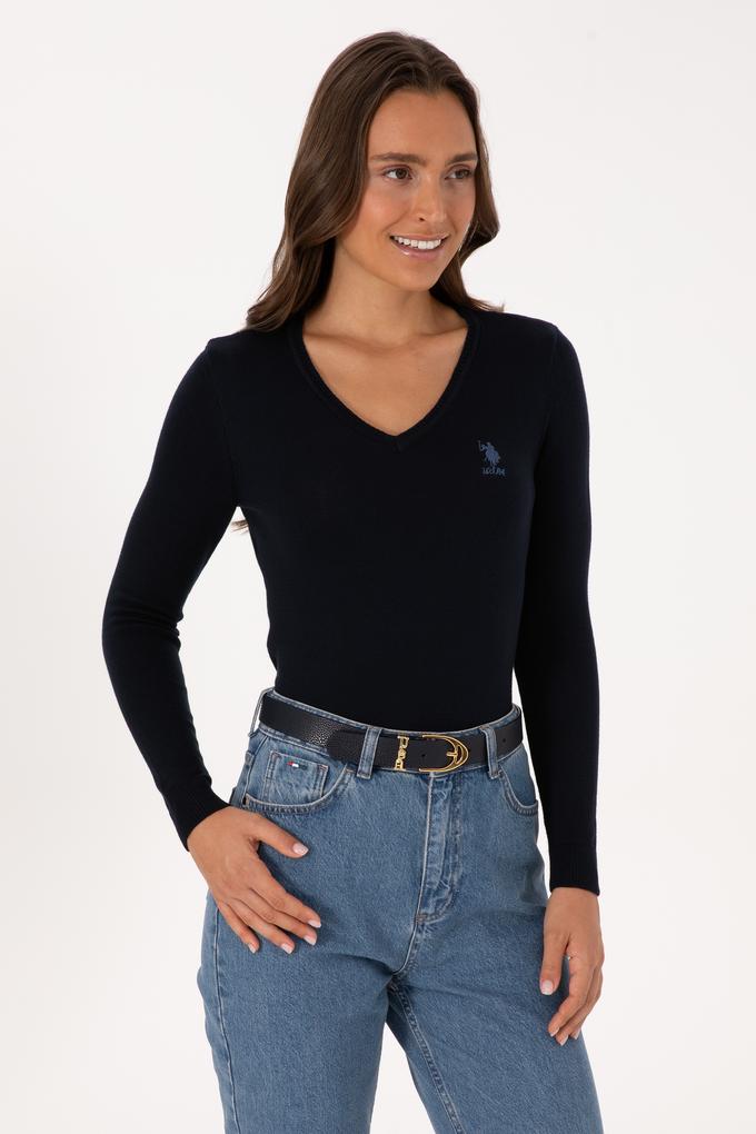 Kadın Lacivert V Yaka Basic Kazak