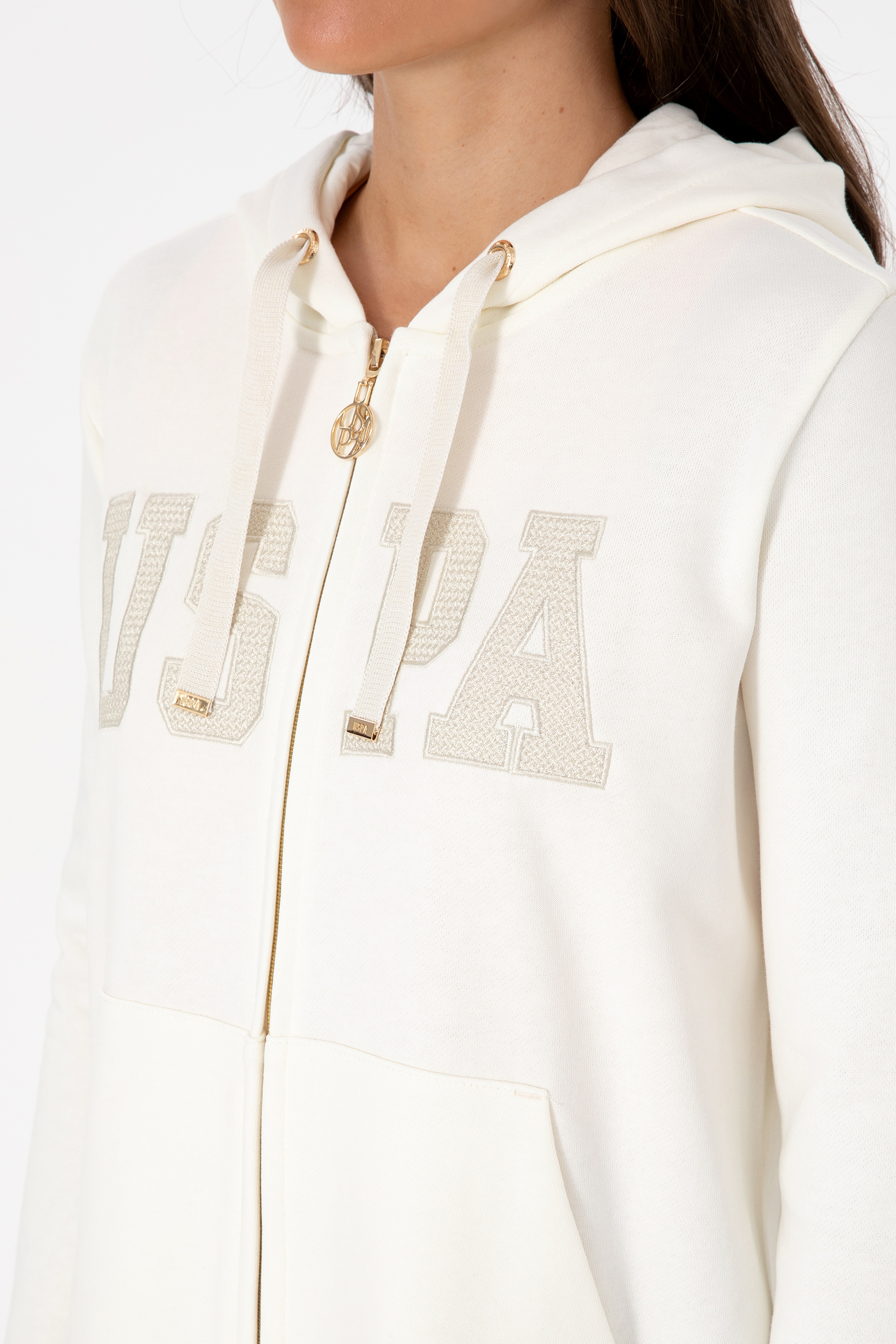 Kadın Krem Uzun Fermuarlı Kapüşonlu Basic Sweatshirt - Image 7