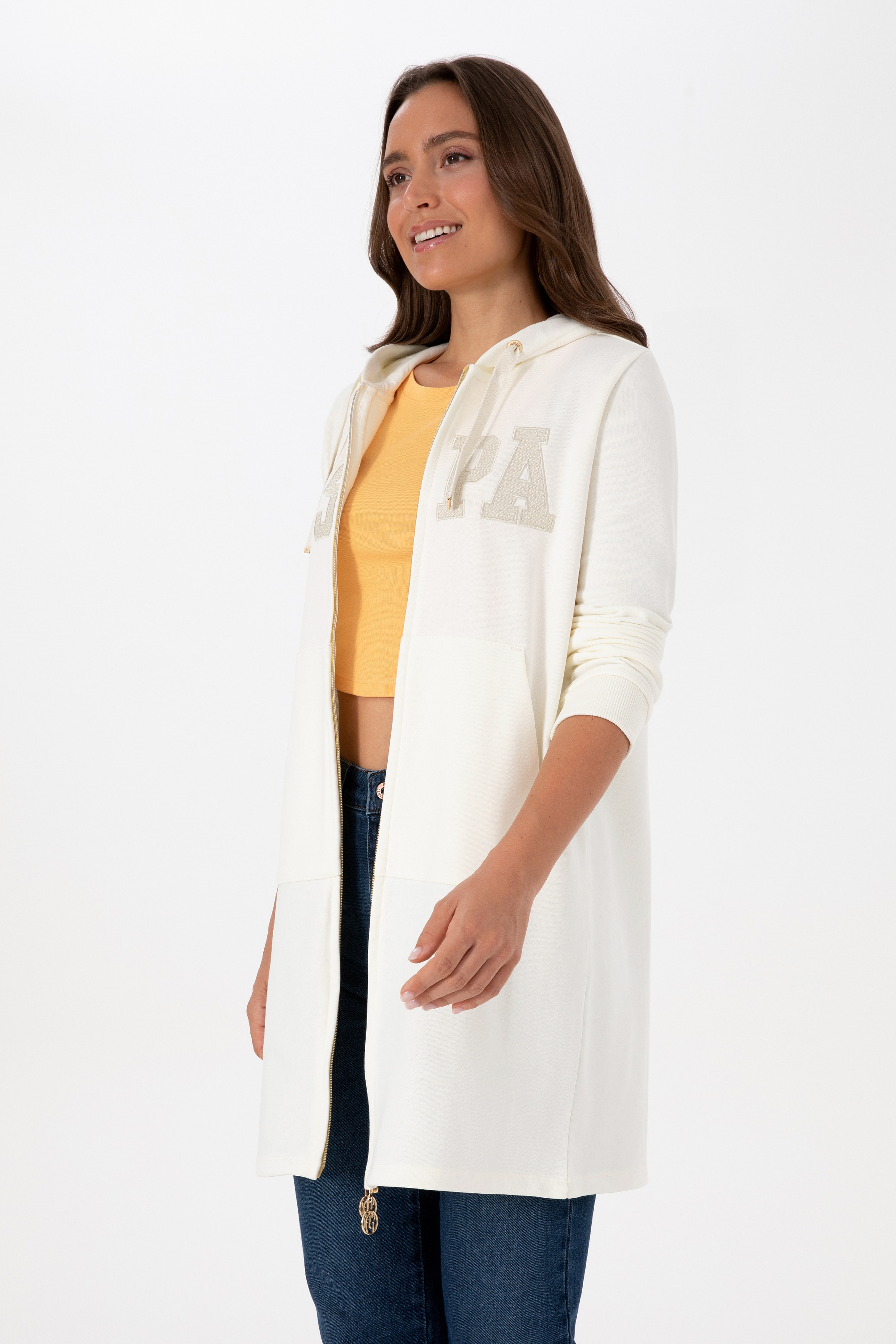 Kadın Krem Uzun Fermuarlı Kapüşonlu Basic Sweatshirt - Image 3