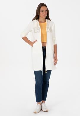 Kadın Krem Uzun Fermuarlı Kapüşonlu Basic Sweatshirt - 50307724045