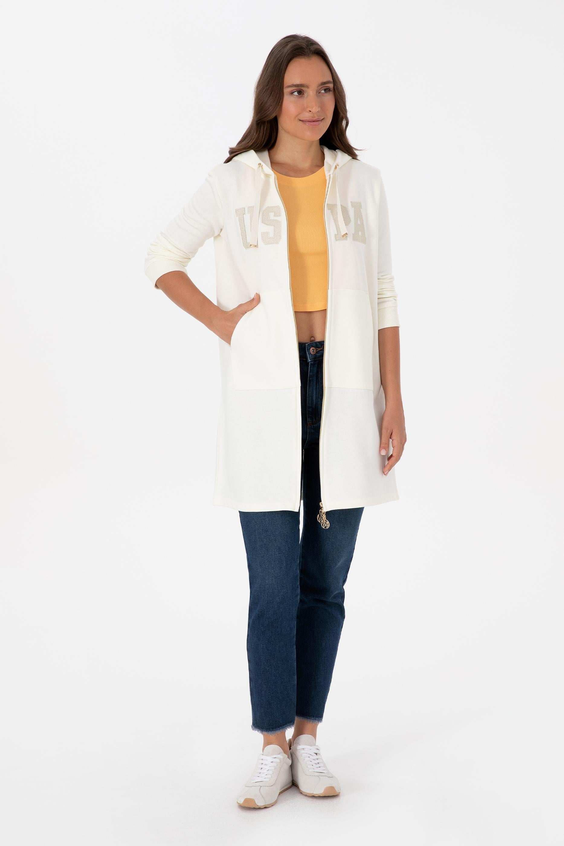 Kadın Krem Uzun Fermuarlı Kapüşonlu Basic Sweatshirt