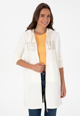 Kadın Krem Uzun Fermuarlı Kapüşonlu Basic Sweatshirt - 50307724045