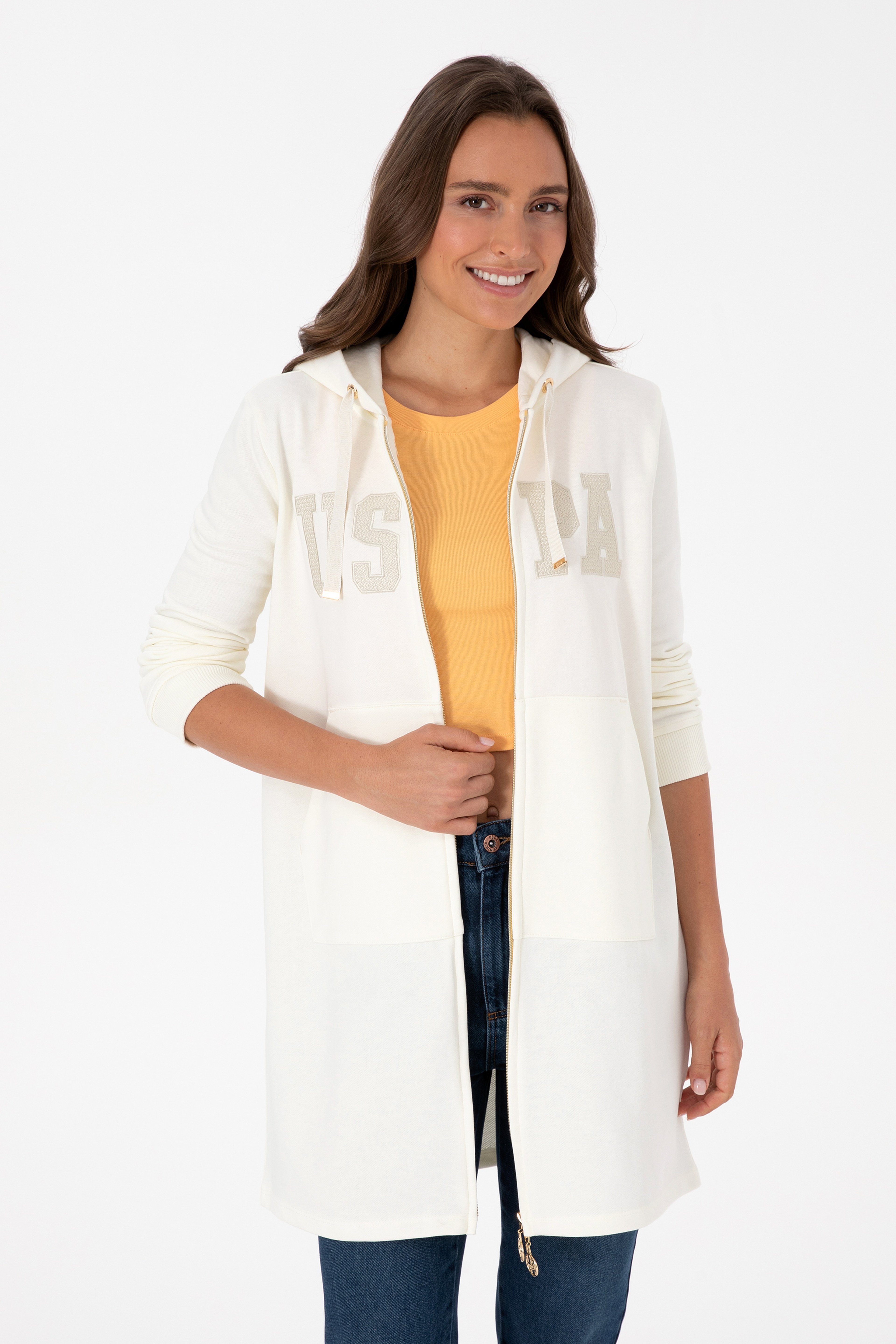 Kadın Krem Uzun Fermuarlı Kapüşonlu Basic Sweatshirt - Image 1