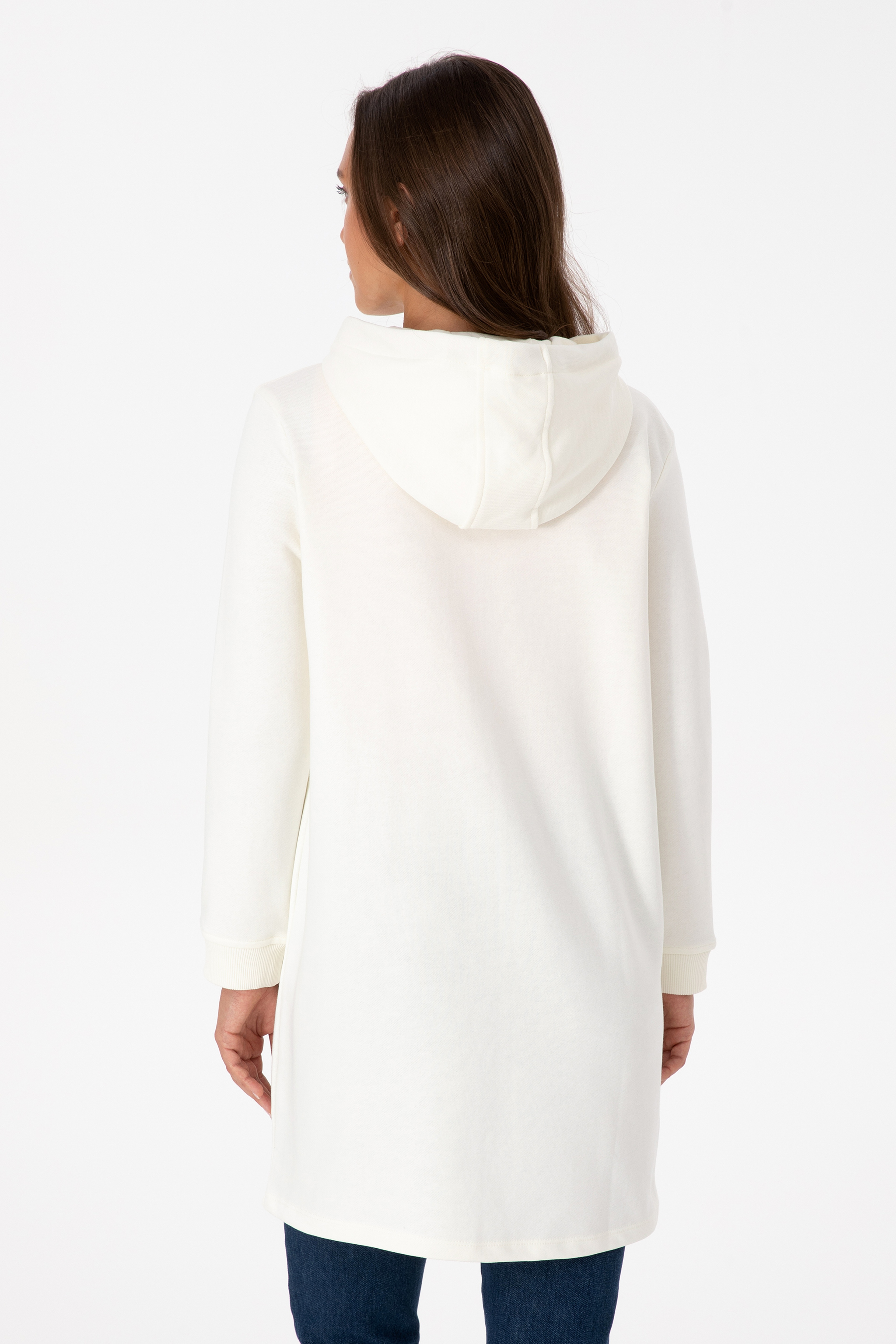 Kadın Krem Uzun Fermuarlı Kapüşonlu Basic Sweatshirt - Image 5