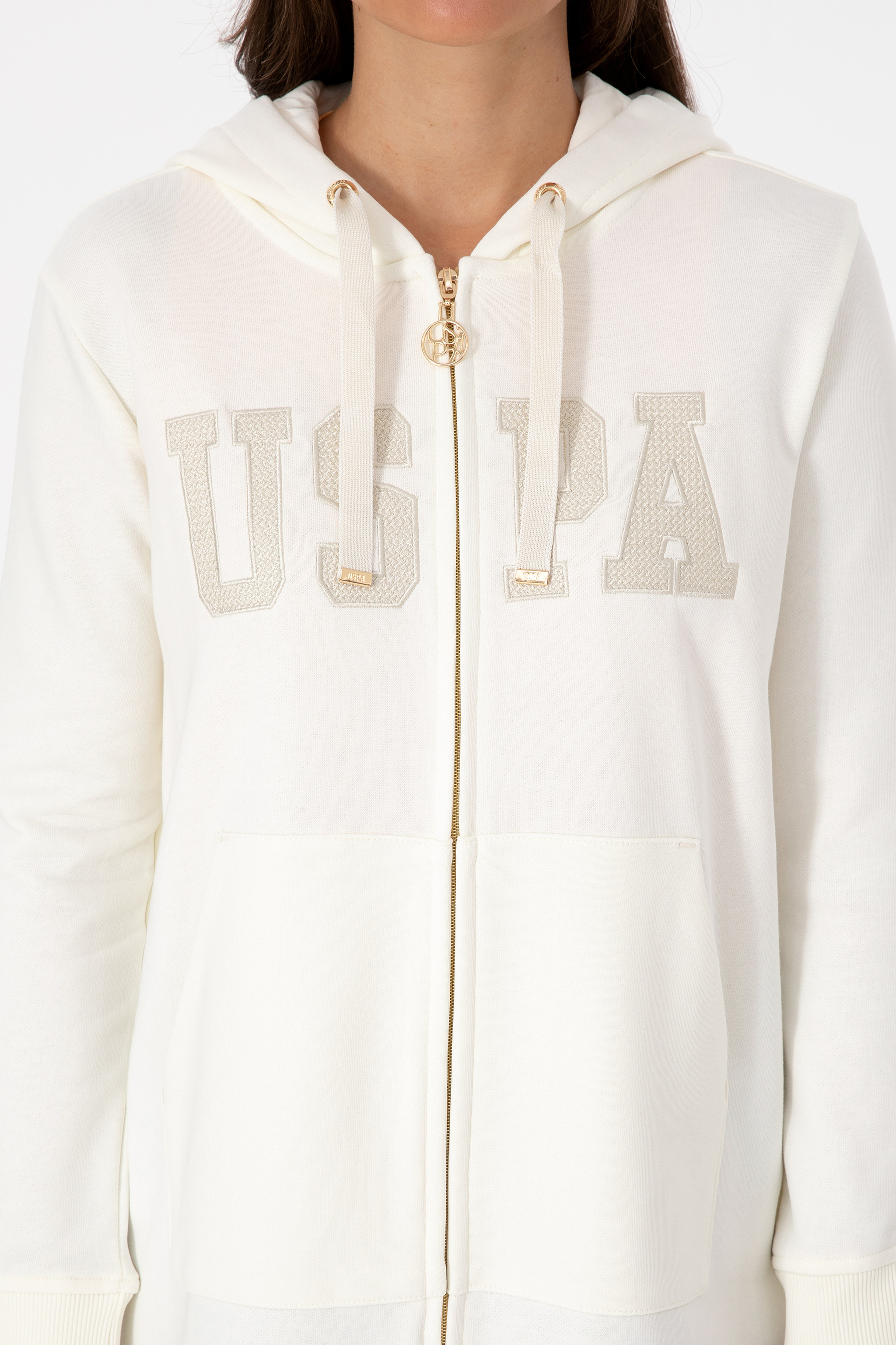 Kadın Krem Uzun Fermuarlı Kapüşonlu Basic Sweatshirt