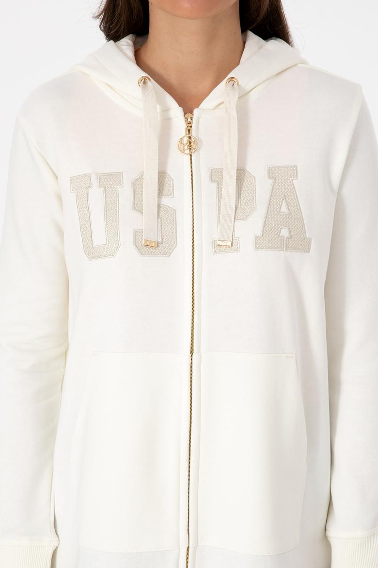 Kadın Krem Uzun Fermuarlı Kapüşonlu Basic Sweatshirt - 50307724045