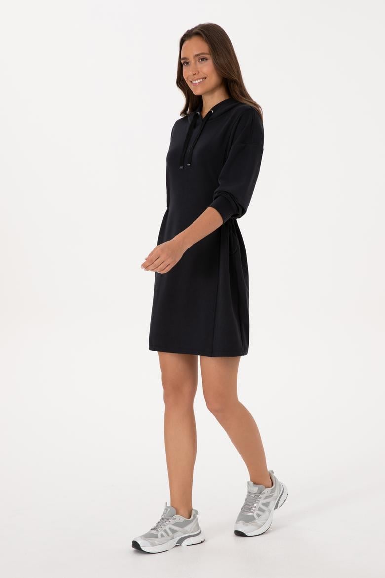Kadın Siyah Modal Karışımlı Mini Boy Kapüşonlu Sweatshirt Elbise