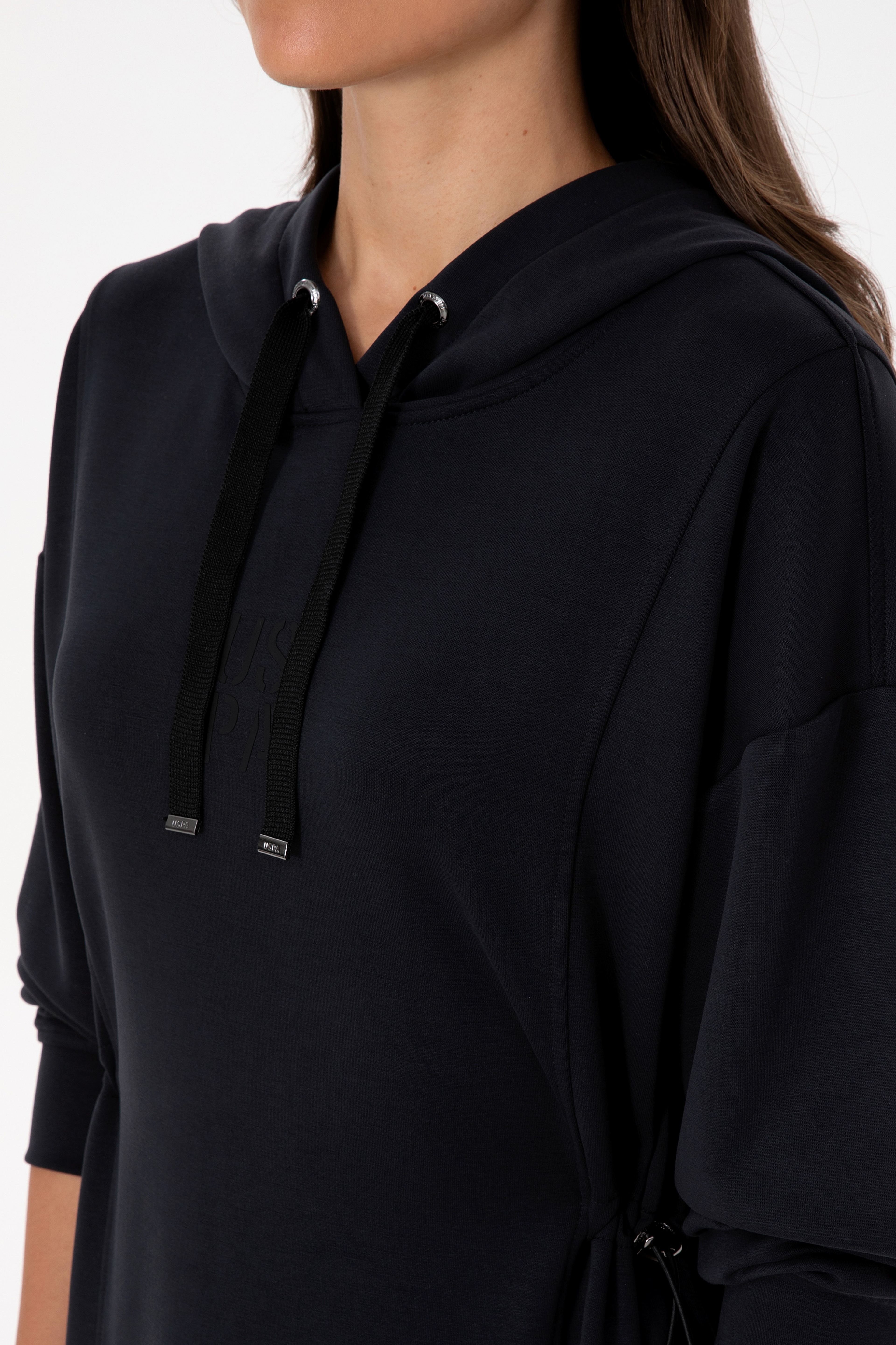 Kadın Siyah Modal Karışımlı Mini Boy Kapüşonlu Sweatshirt Elbise