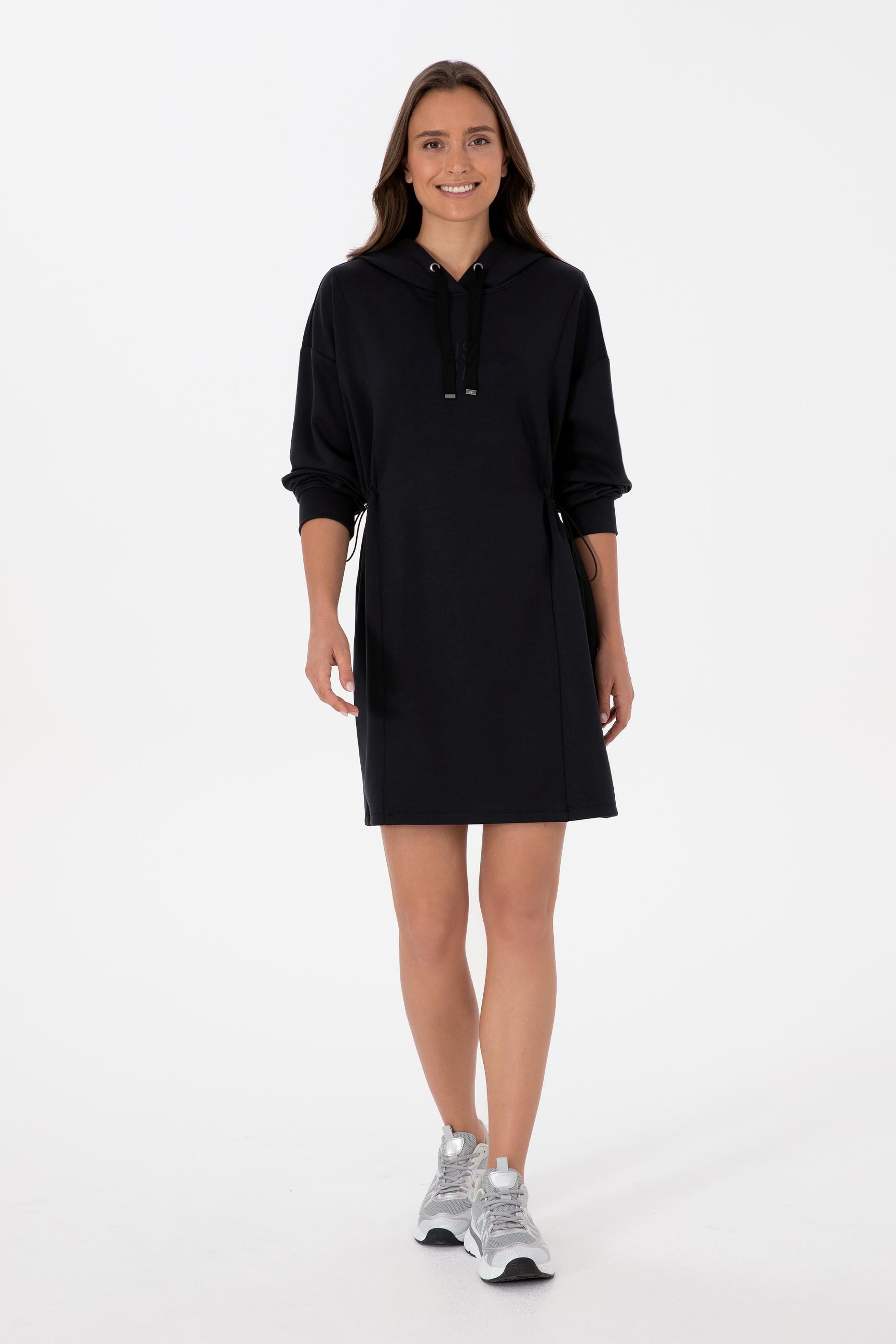 Kadın Siyah Modal Karışımlı Mini Boy Kapüşonlu Sweatshirt Elbise