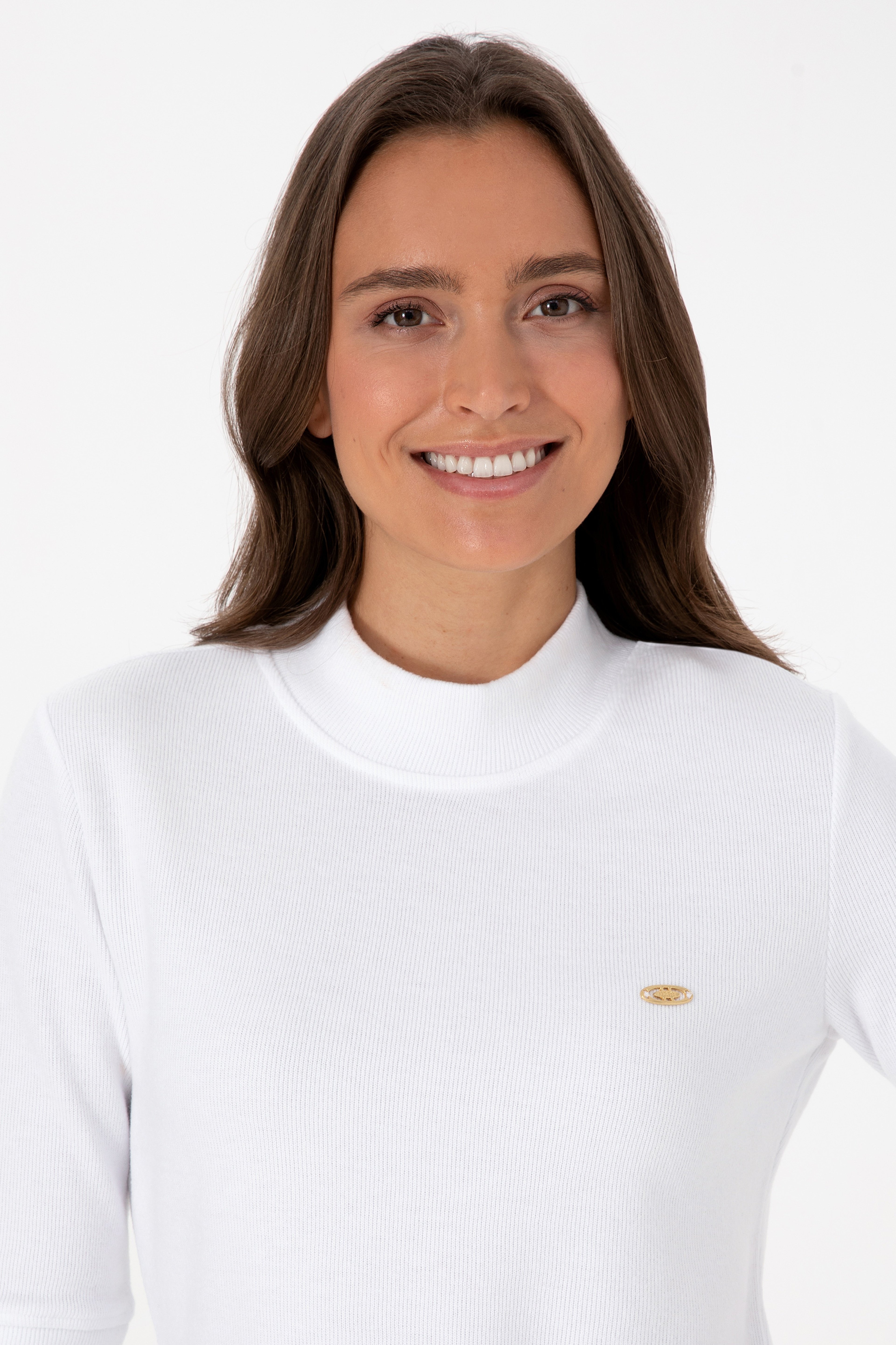 Kadın Beyaz Düğme Detaylı Balıkçı Yaka Sweatshirt