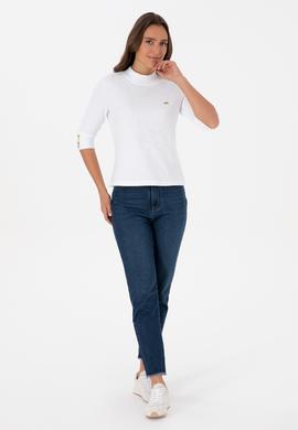 Kadın Beyaz Düğme Detaylı Balıkçı Yaka Sweatshirt - 50314156013