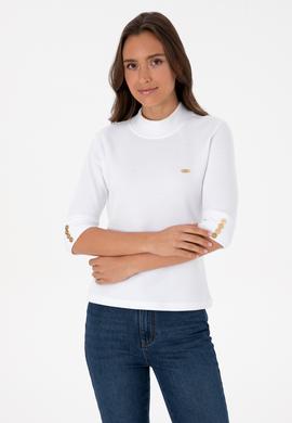 Kadın Beyaz Düğme Detaylı Balıkçı Yaka Sweatshirt - 50314156013