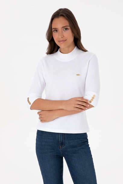 Kadın Beyaz Düğme Detaylı Balıkçı Yaka Sweatshirt