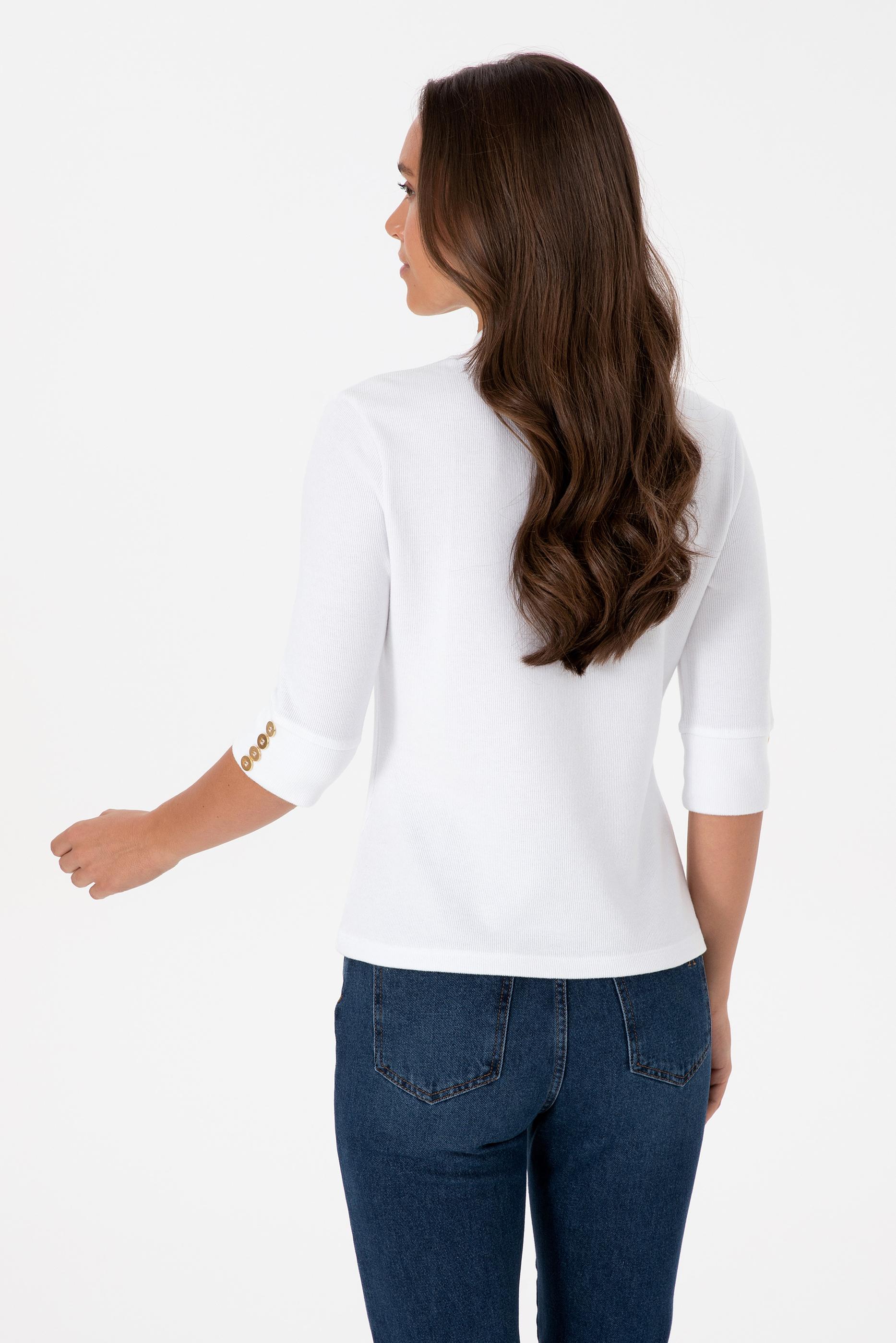 Kadın Beyaz Düğme Detaylı Balıkçı Yaka Sweatshirt