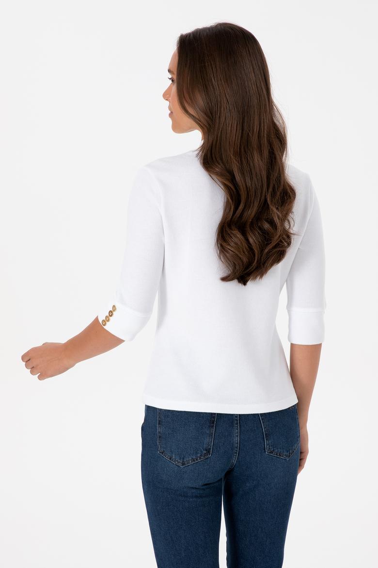 Kadın Beyaz Düğme Detaylı Balıkçı Yaka Sweatshirt - 50314156013