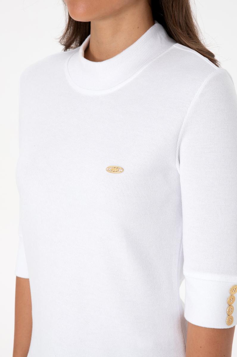 Kadın Beyaz Düğme Detaylı Balıkçı Yaka Sweatshirt