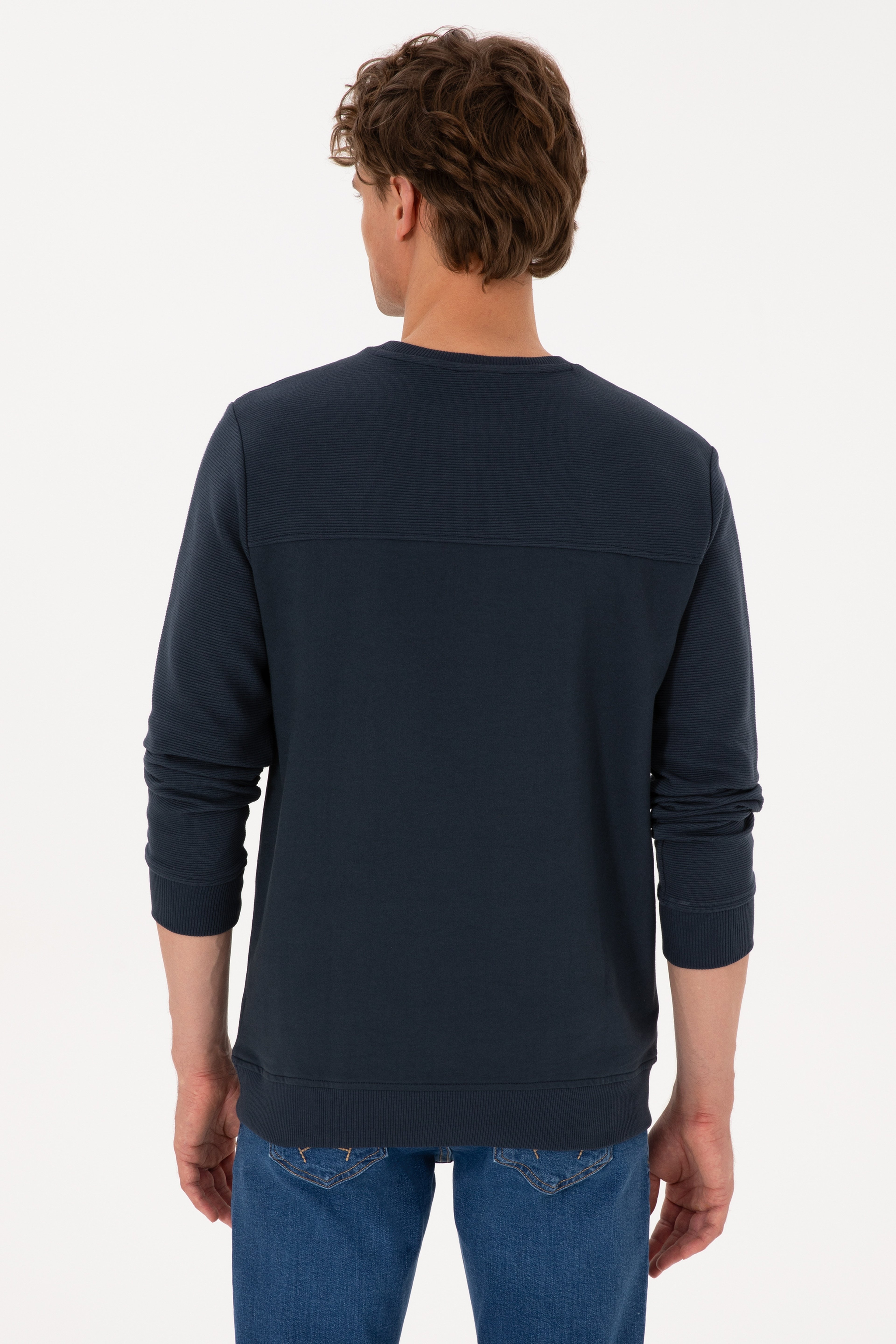 Erkek Bisiklet Yaka Regular Fit Açık Lacivert İnce Sweatshirt - Image 5