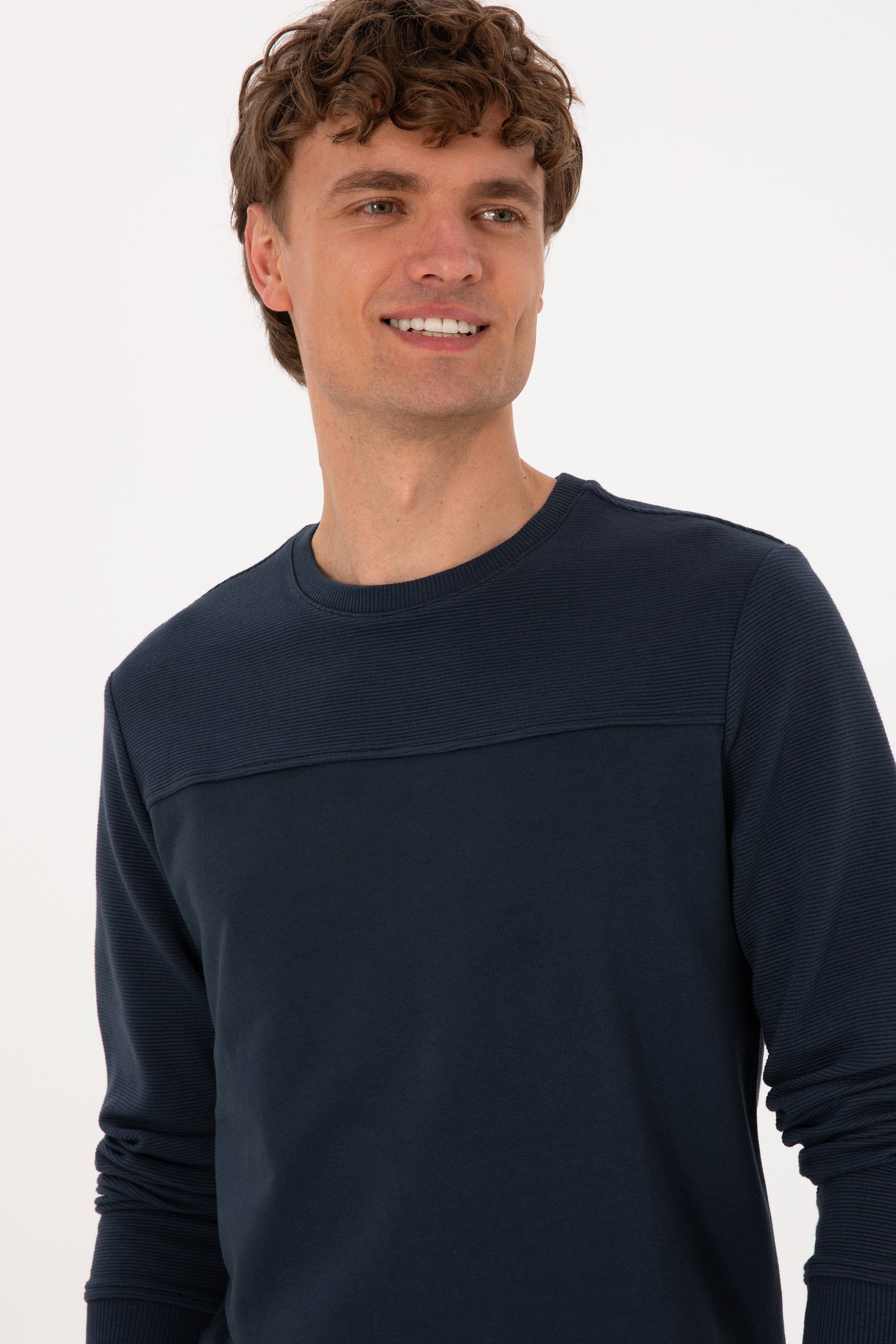 Erkek Bisiklet Yaka Regular Fit Açık Lacivert İnce Sweatshirt