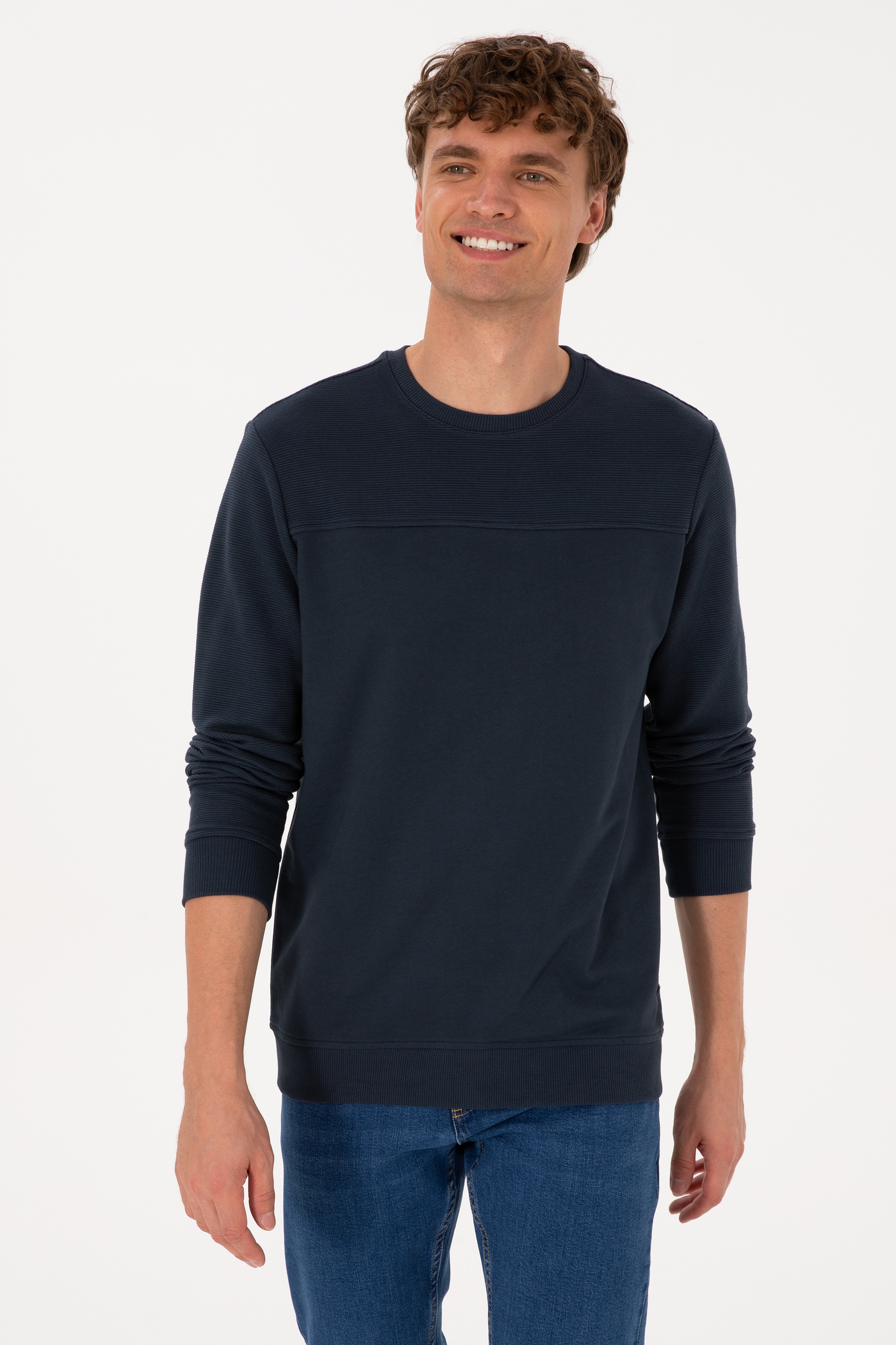 Erkek Bisiklet Yaka Regular Fit Açık Lacivert İnce Sweatshirt