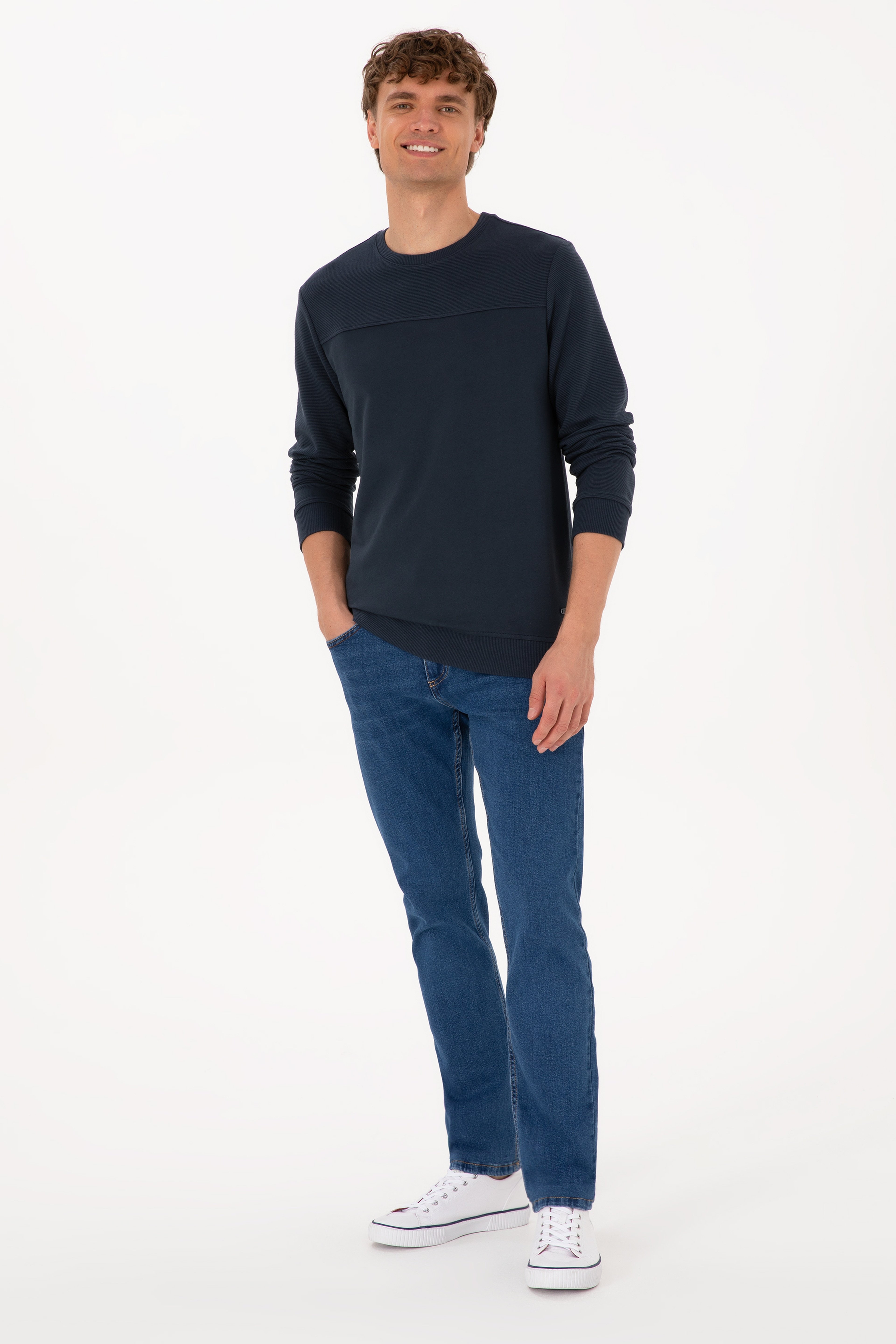Erkek Bisiklet Yaka Regular Fit Açık Lacivert İnce Sweatshirt - Image 4